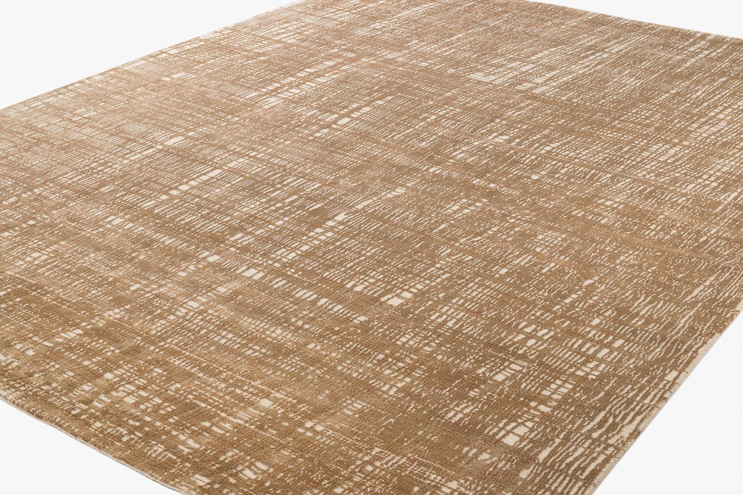 Hand-Woven Bronze, Silver and White Silk and Wool Contemporary Grid Rug