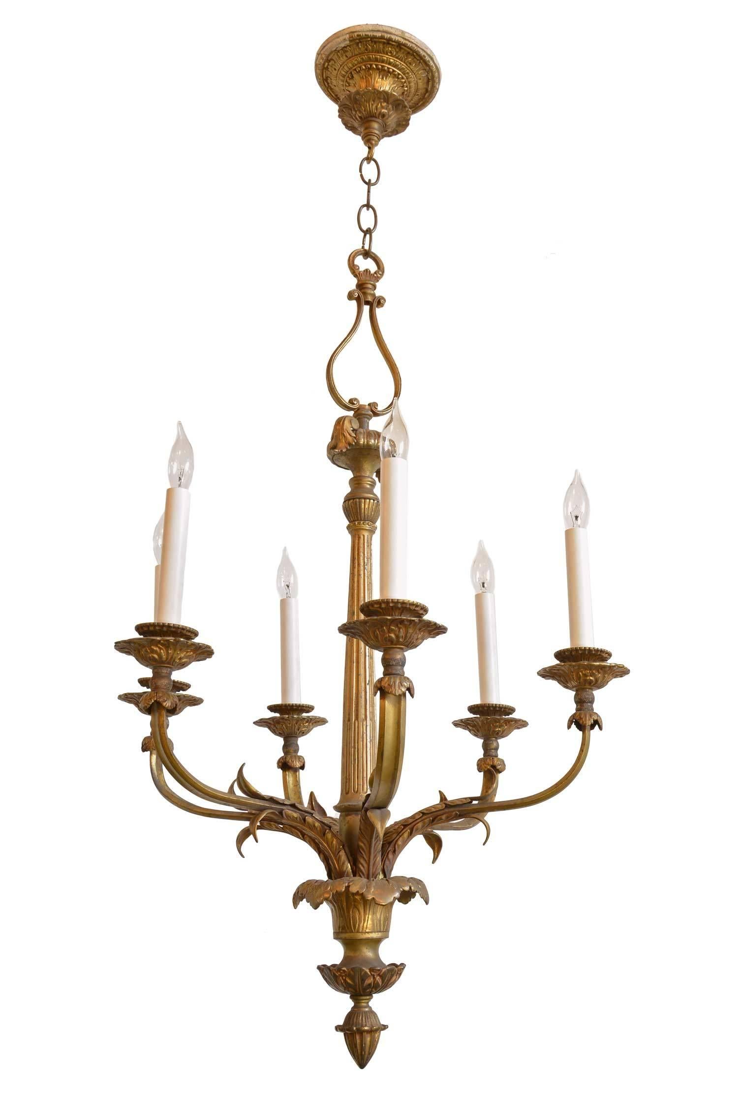Early 20th Century Bronze Six-Candle Chandelier with Acanthus Leaf