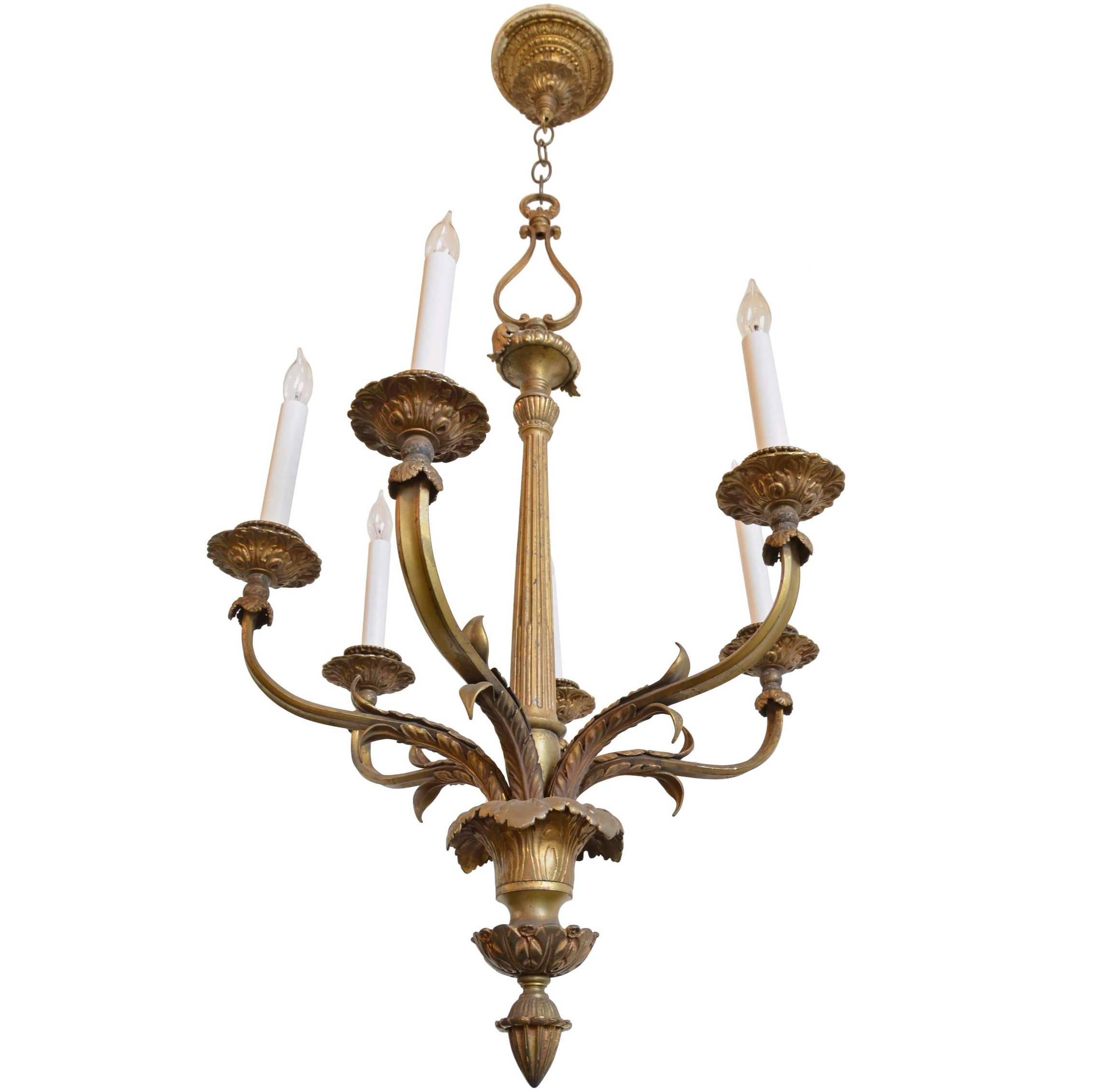 Bronze Six-Candle Chandelier with Acanthus Leaf