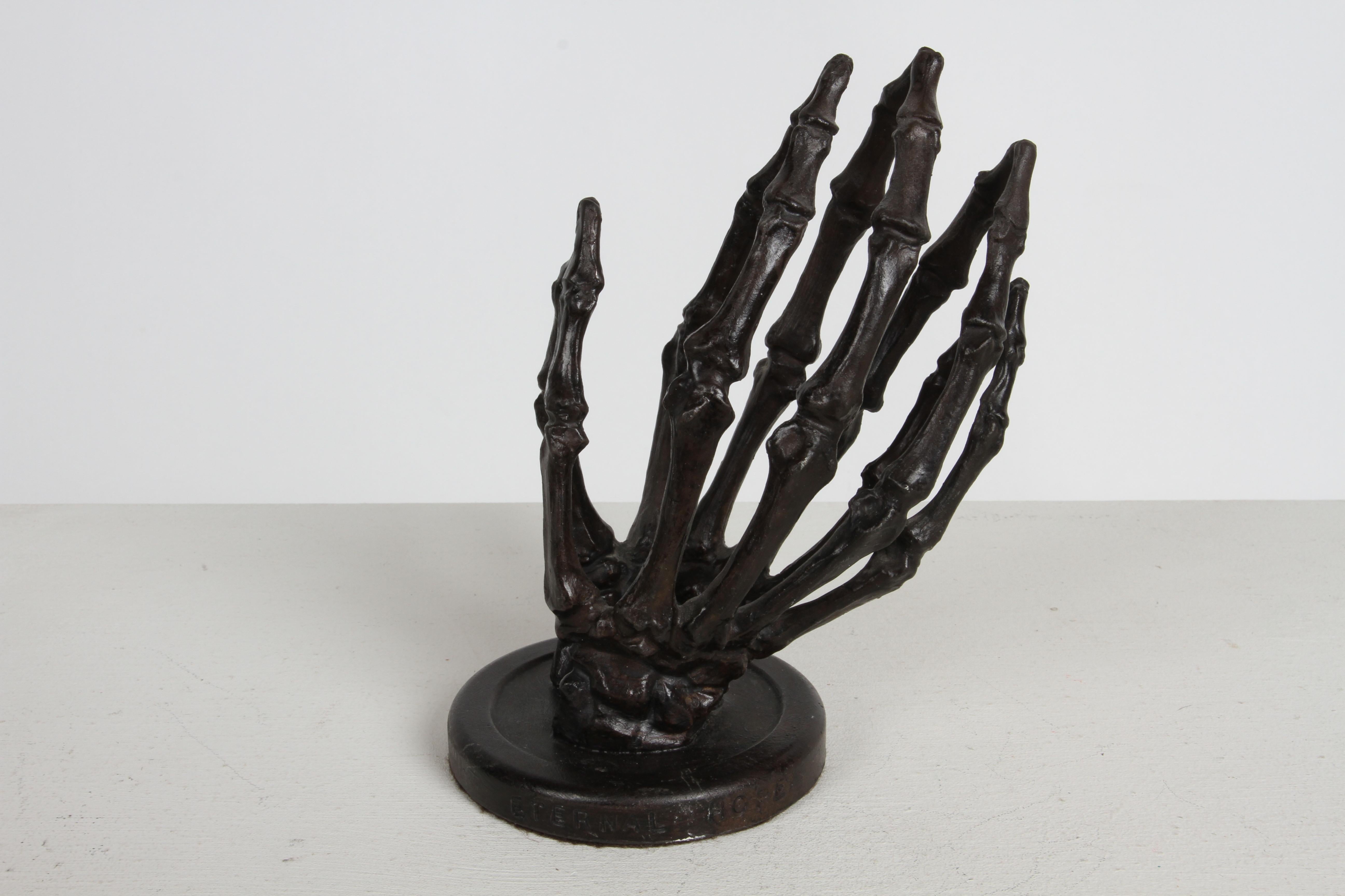 Cast bronze life size gothic skeleton / bone praying hands sculpture, titled on base Eternal Hope and signed Park '92. In the style of Blackman Cruz Workshop. 

