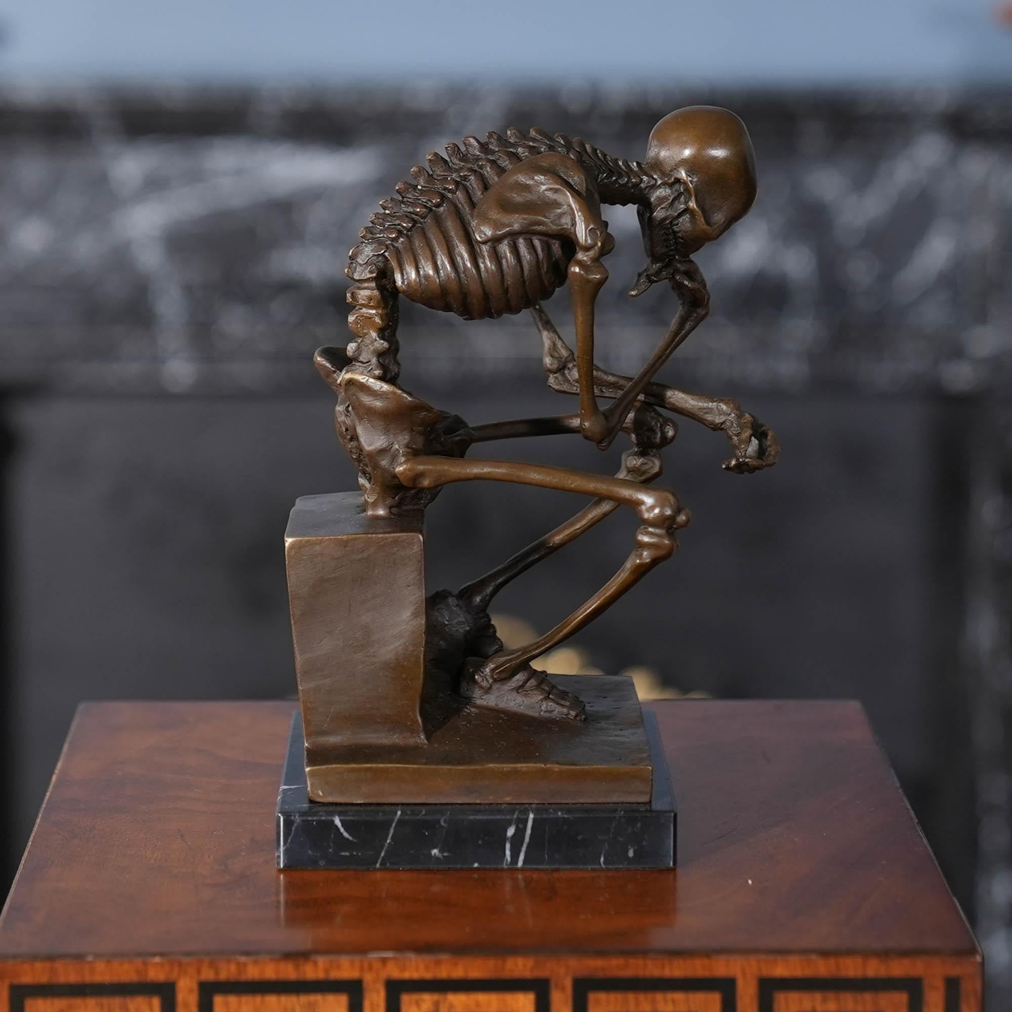 Hand-Crafted Bronze Skeleton Thinker on Marble Base For Sale