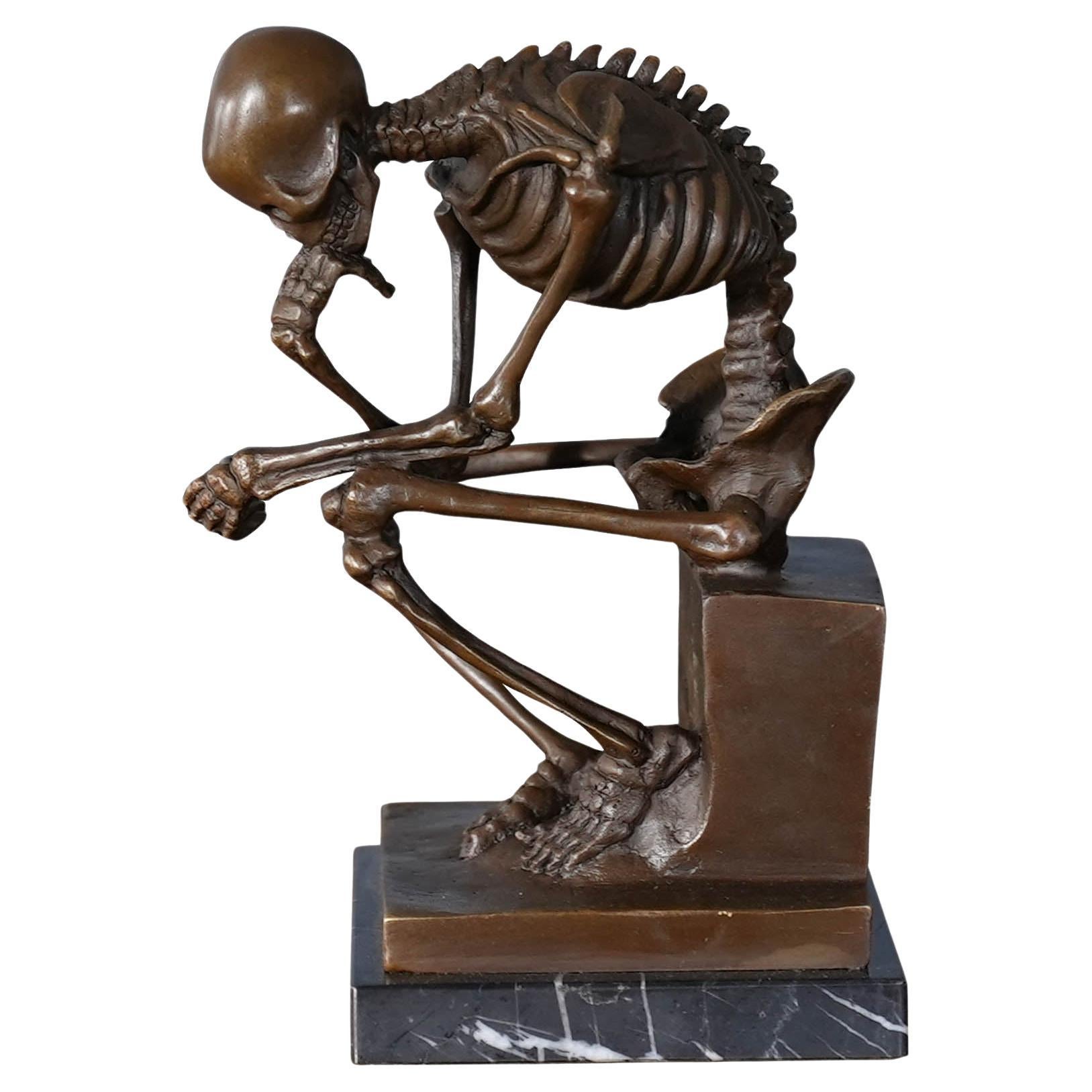 Bronze Skeleton Thinker on Marble Base For Sale