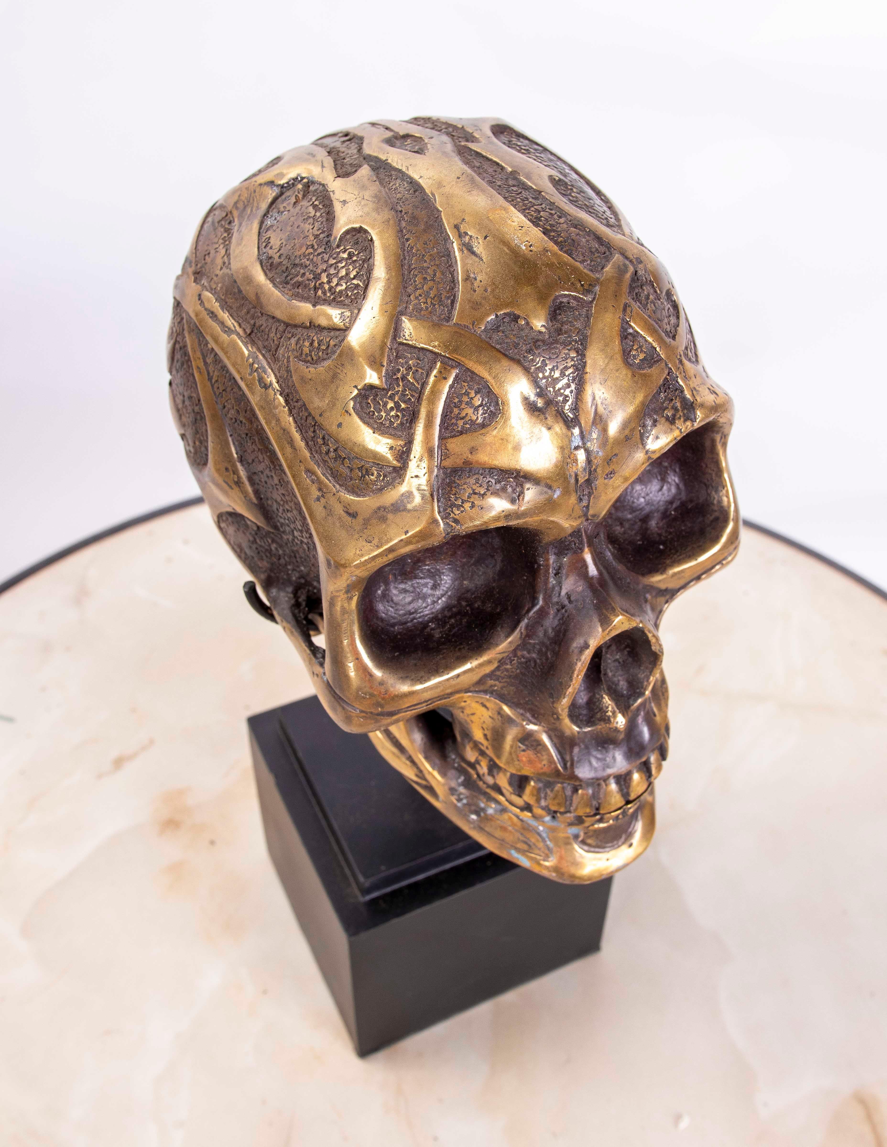 Bronze Skull Head on Square Wooden Base 7