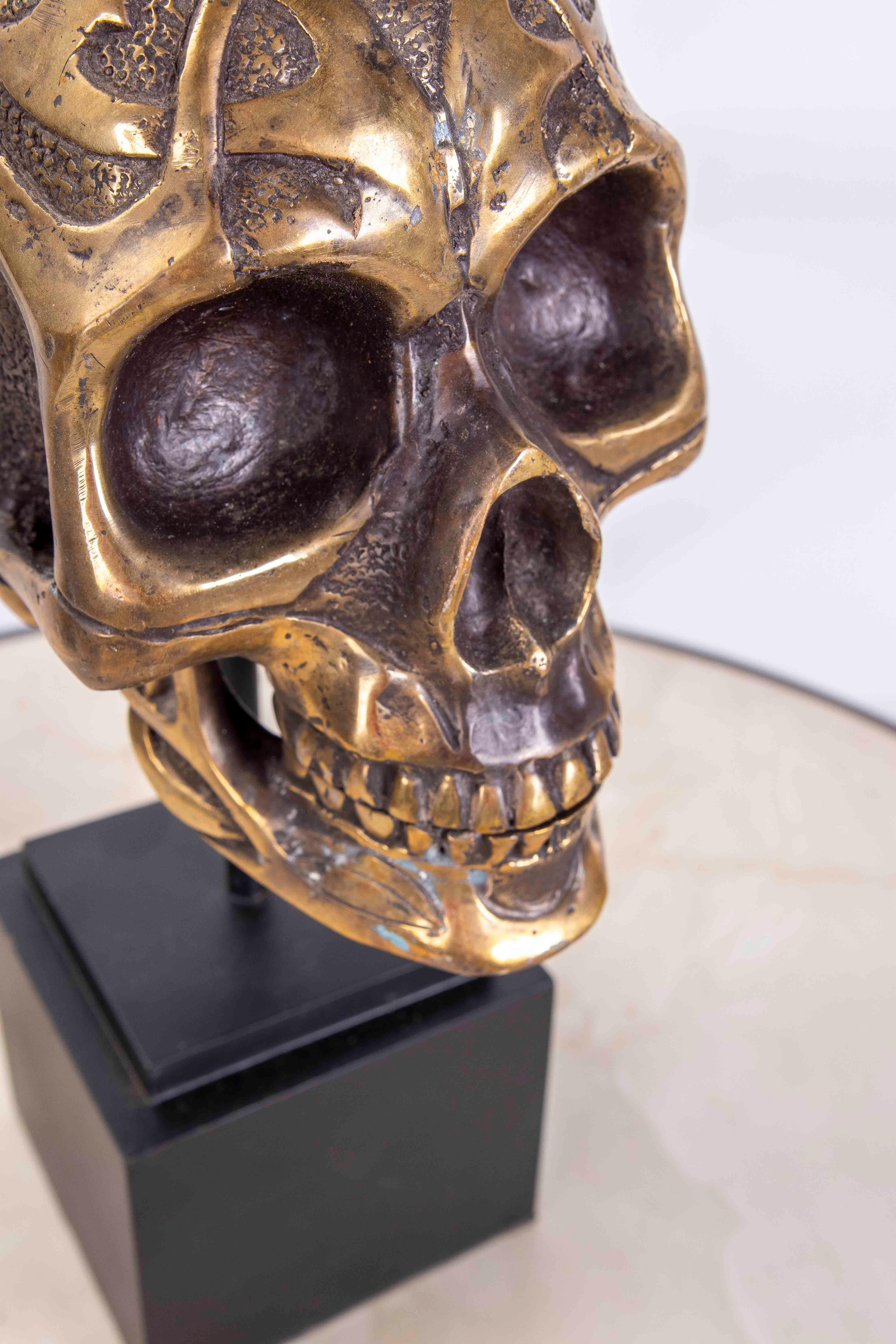 Bronze Skull Head on Square Wooden Base 9