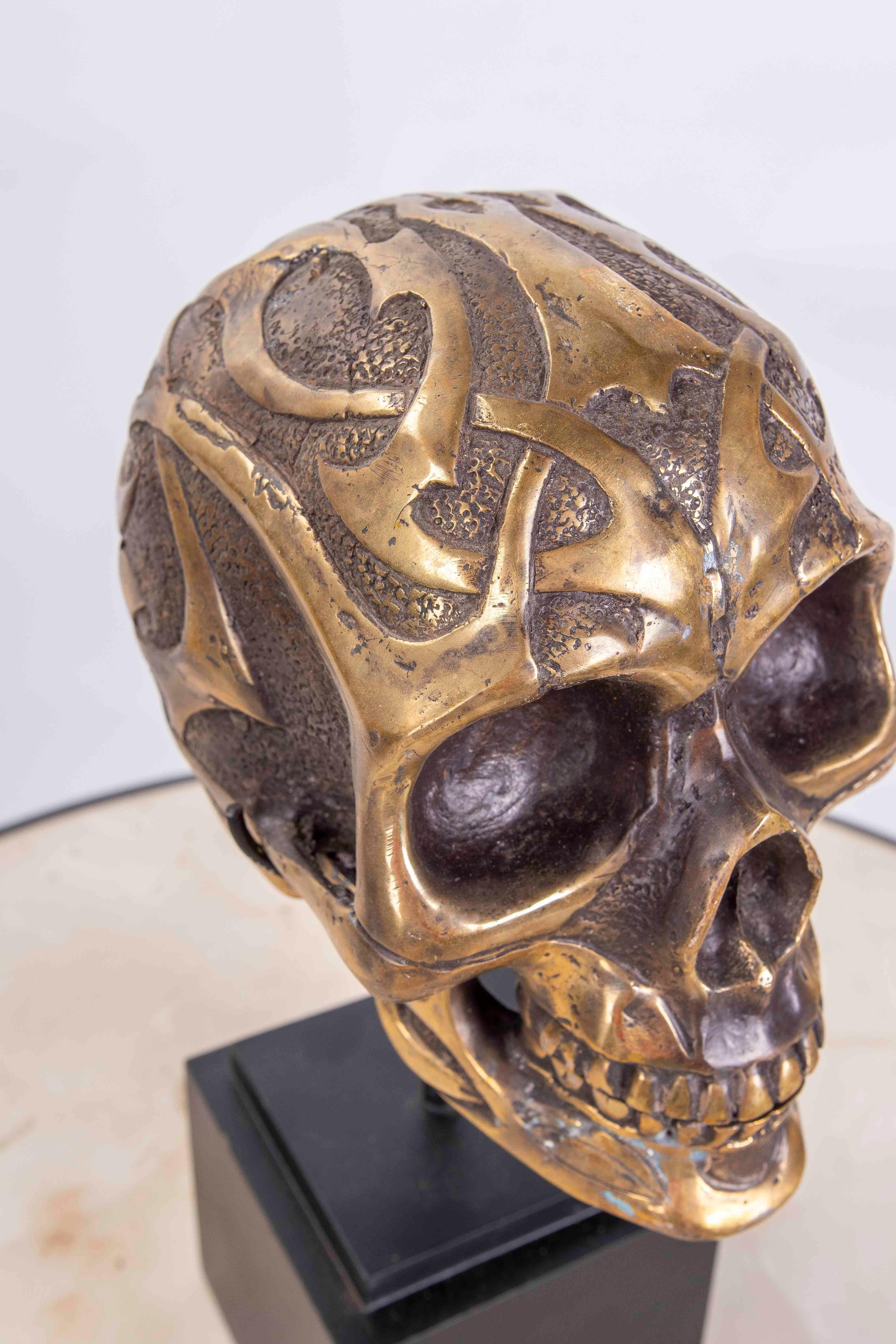 Bronze Skull Head on Square Wooden Base 10