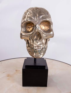 Bronze Skull Head on Square Wooden Base