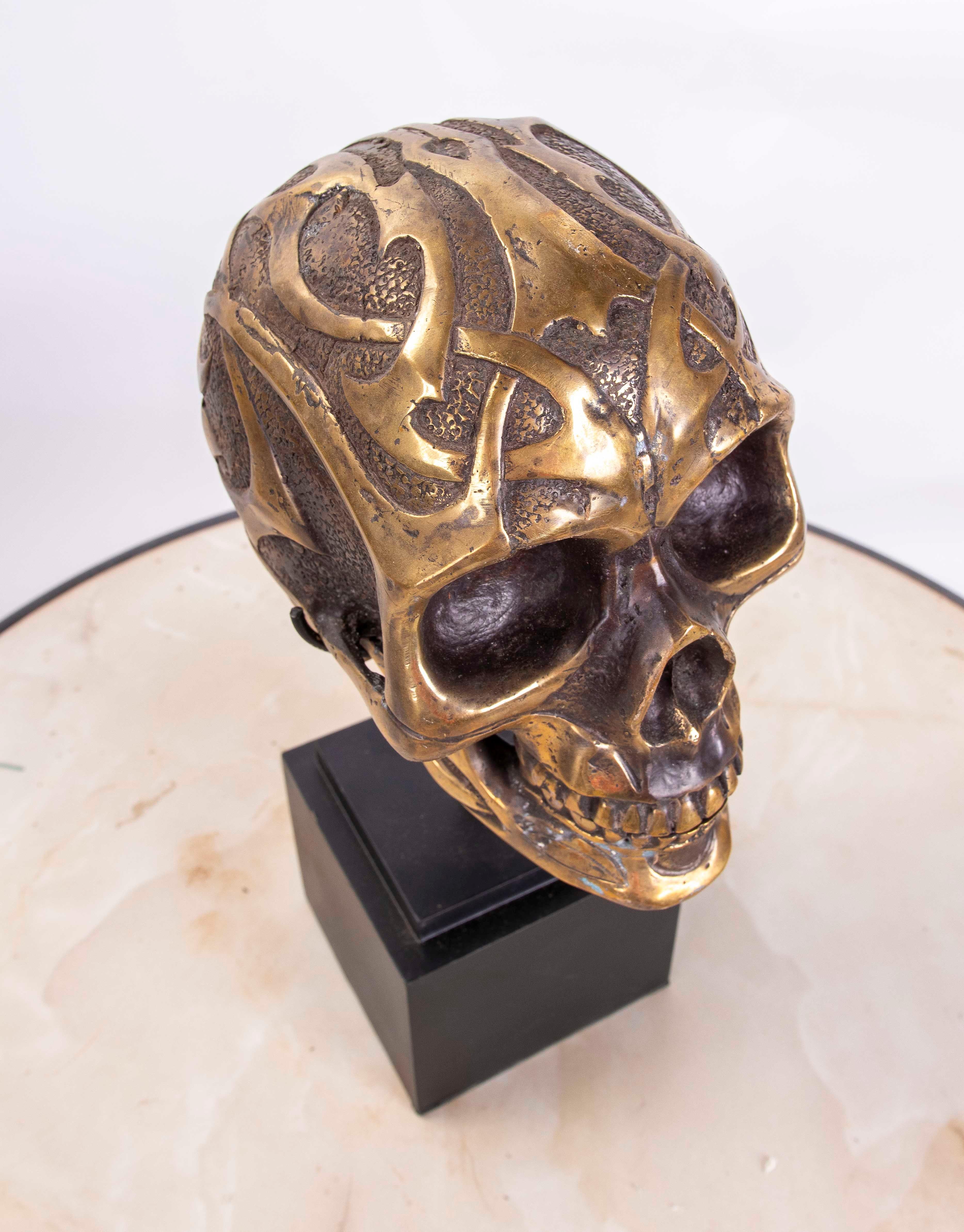 European Bronze Skull Head on Square Wooden Base