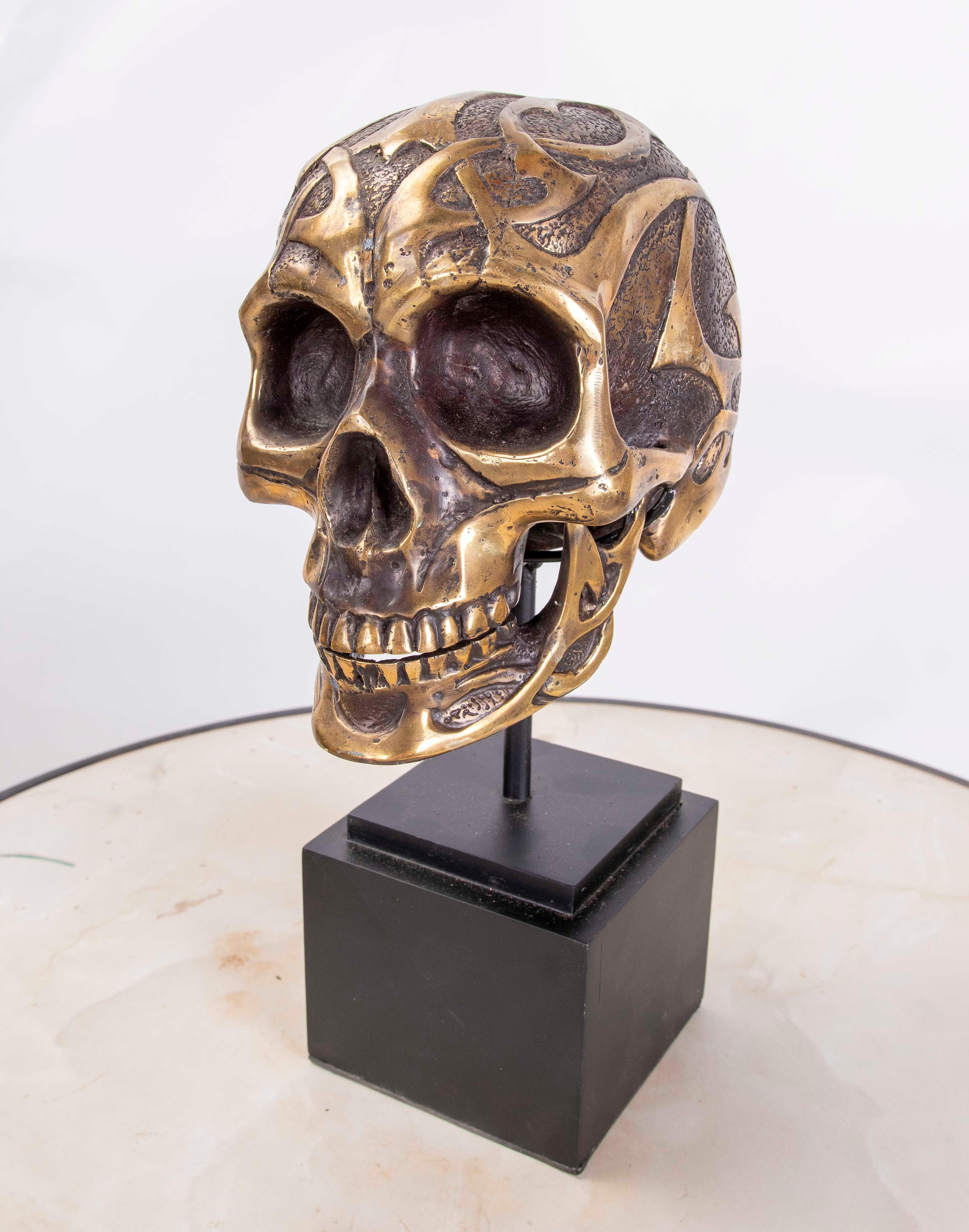 20th Century Bronze Skull Head on Square Wooden Base