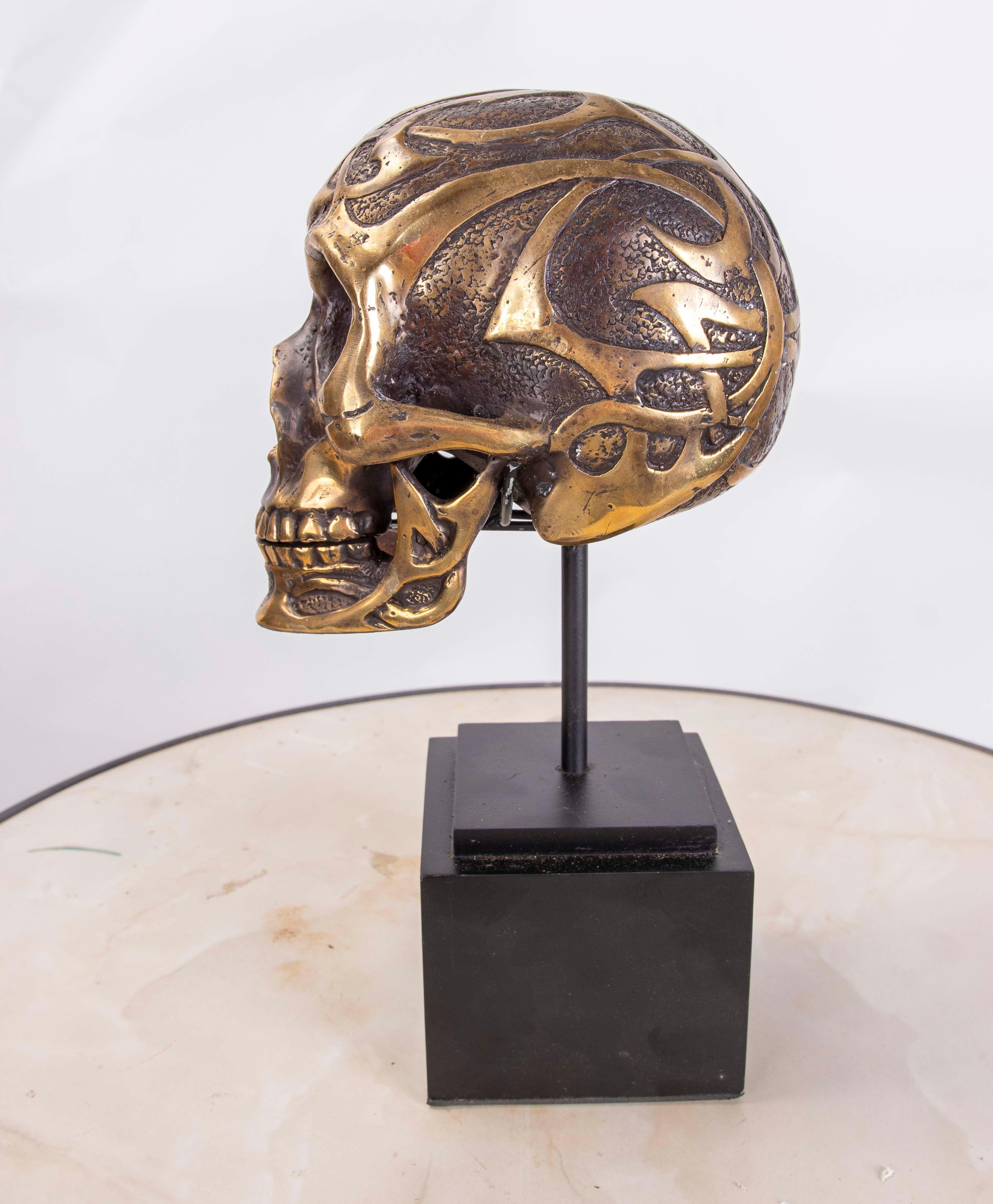 Bronze Skull Head on Square Wooden Base 1