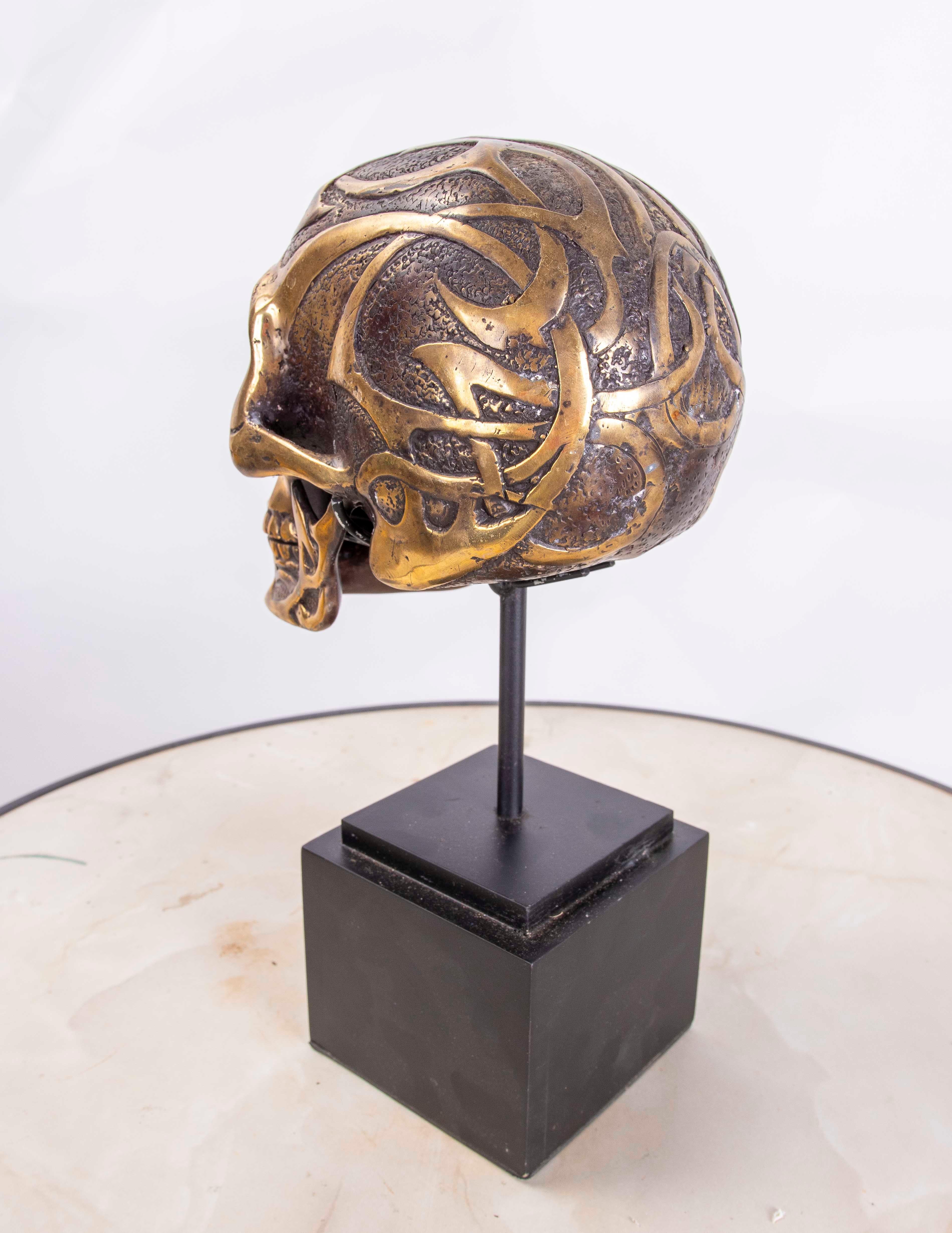 Bronze Skull Head on Square Wooden Base 2