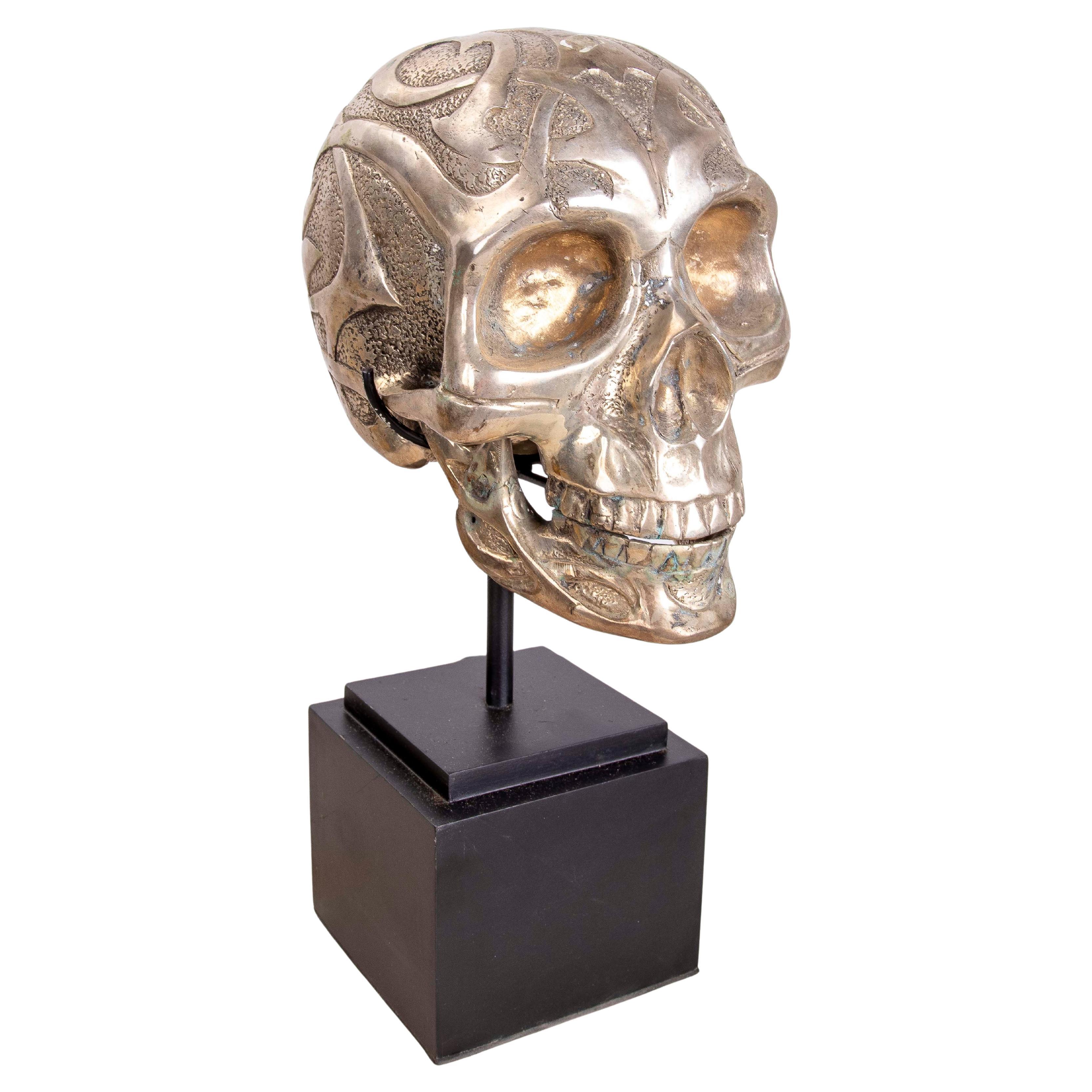 Bronze Skull Head on Square Wooden Base