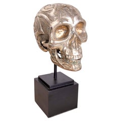 Bronze Skull Head on Square Wooden Base