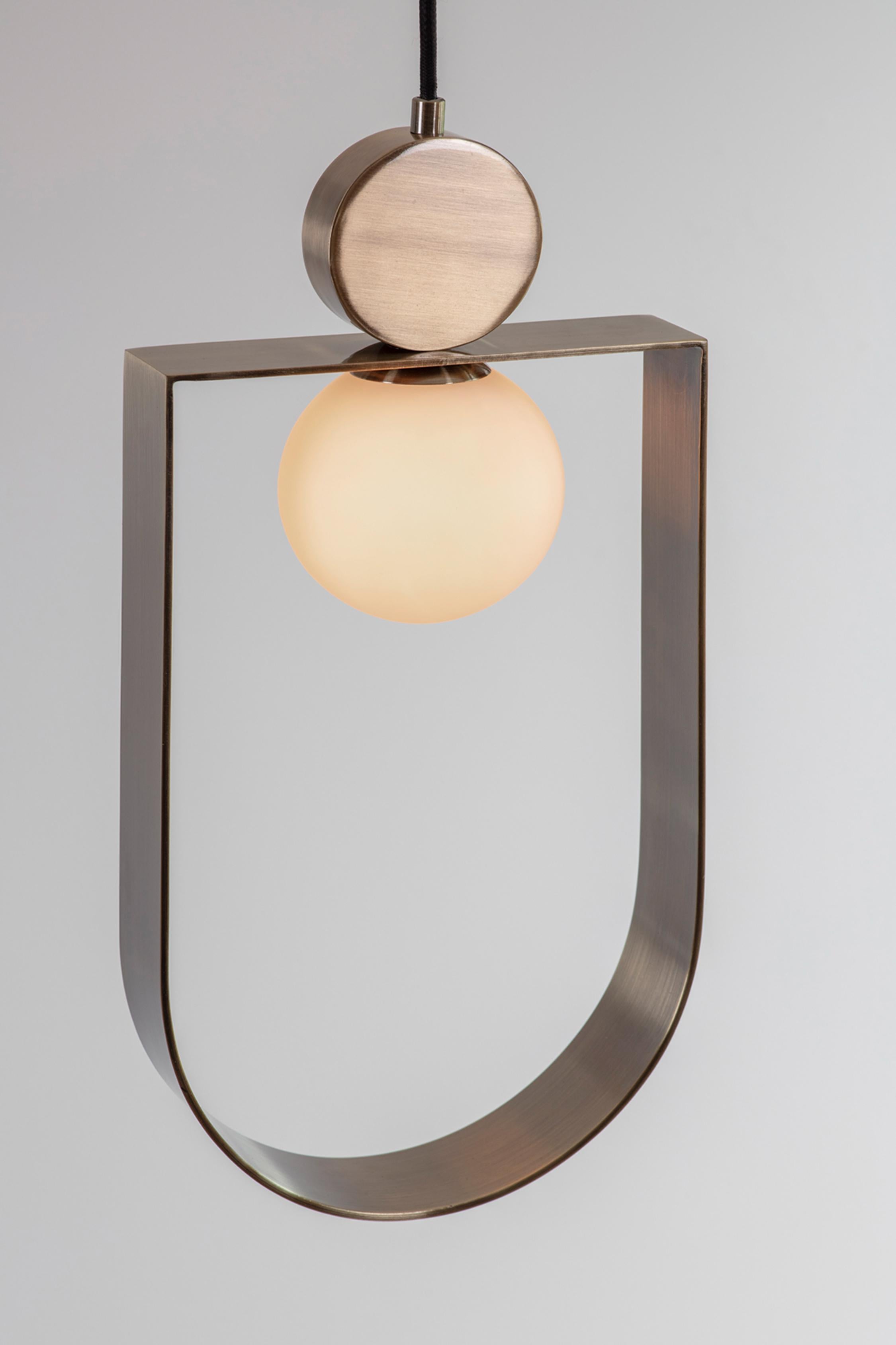 Modern Bronze Sphere in Stadium Pendant Light by Square in Circle For Sale