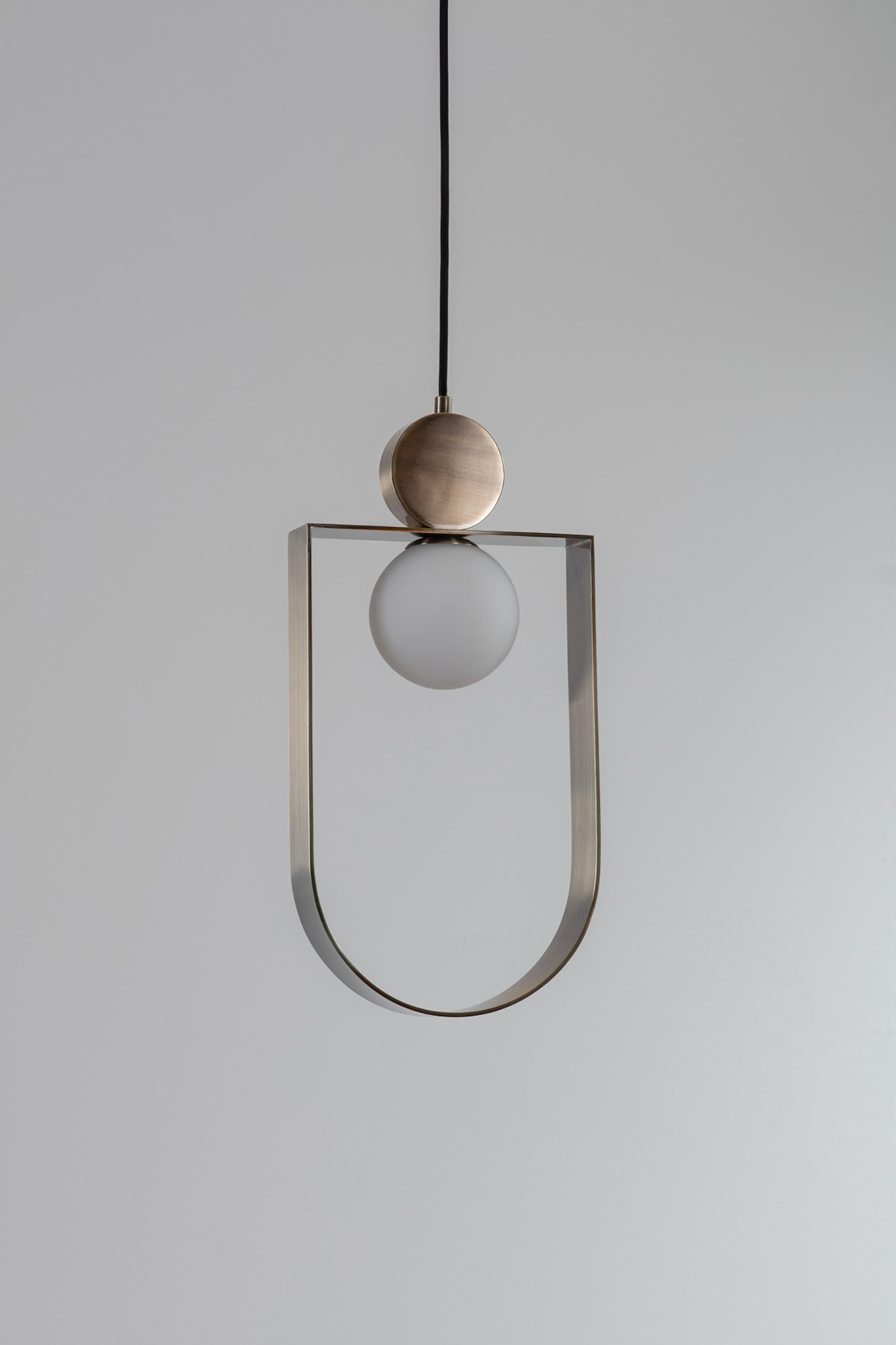 Contemporary Bronze Sphere in Stadium Pendant Light by Square in Circle For Sale