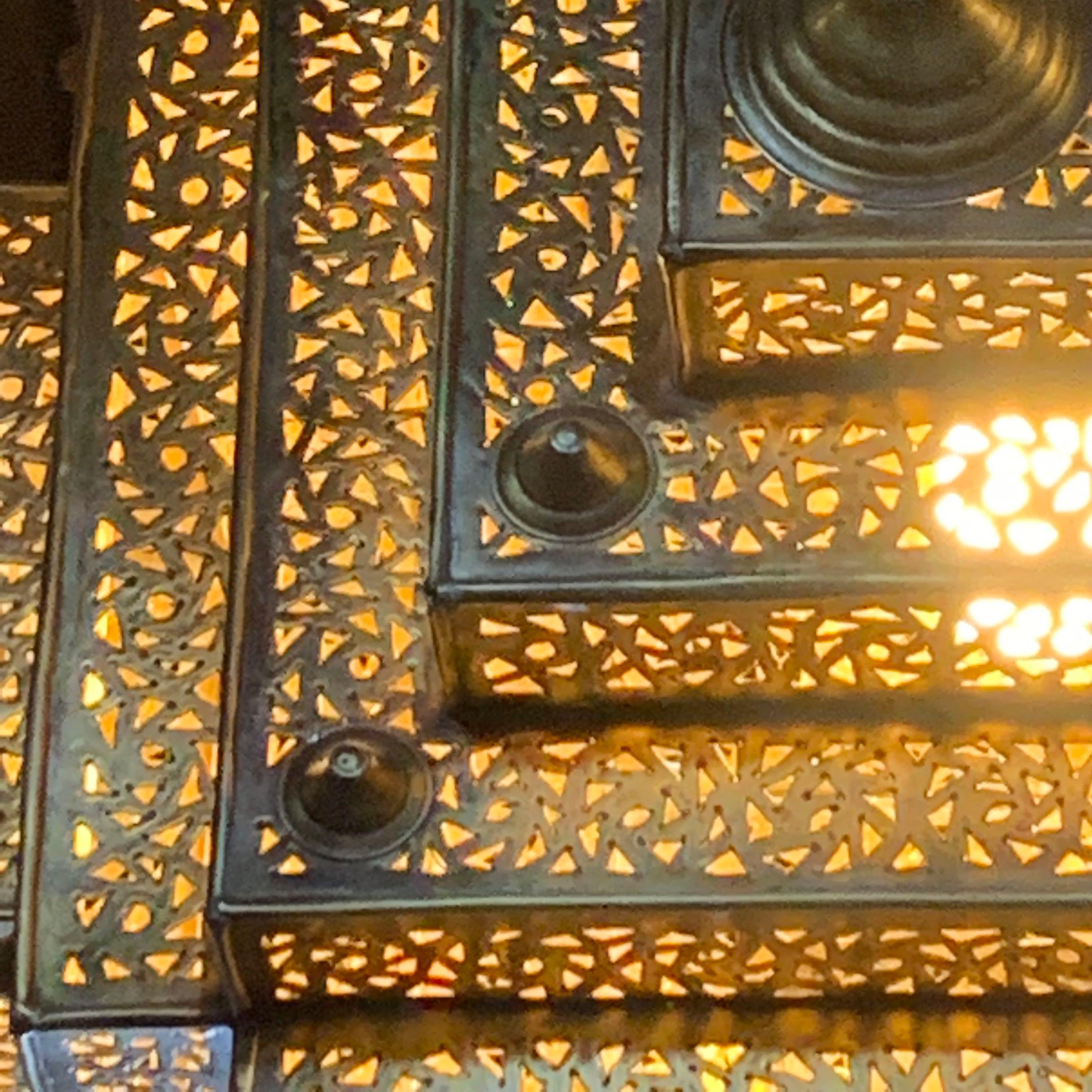 Bronze Square Perforated Chandelier, Morocco, Contemporary In New Condition For Sale In New York, NY