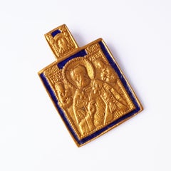 Ciondolo di San Nicola in bronzo con dettagli in smalto blu di Line Vautrin, anni '60