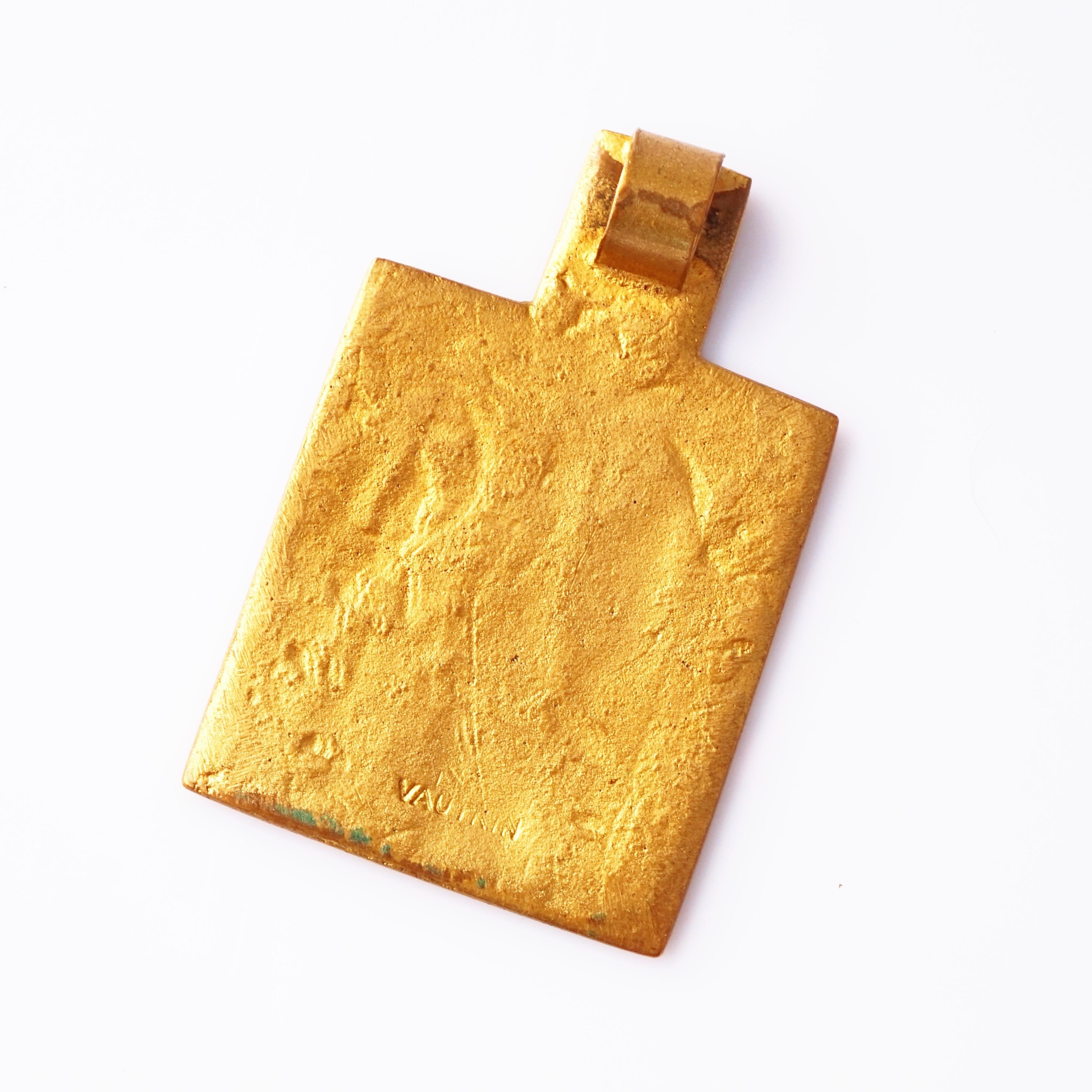 Modern Bronze St. Nicholas Pendant With Blue Enamel Detail By Line Vautrin, 1960s For Sale