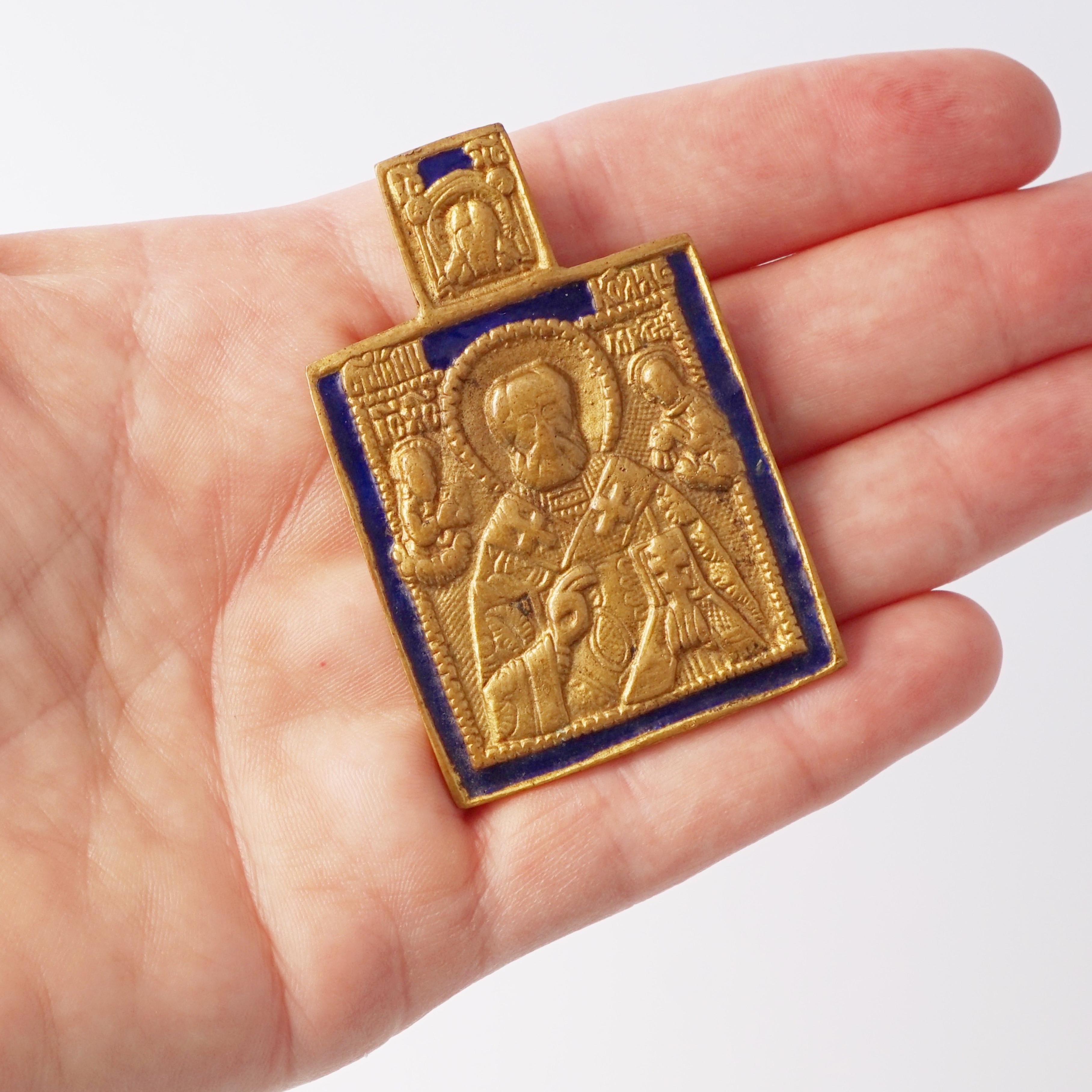 Women's Bronze St. Nicholas Pendant With Blue Enamel Detail By Line Vautrin, 1960s For Sale