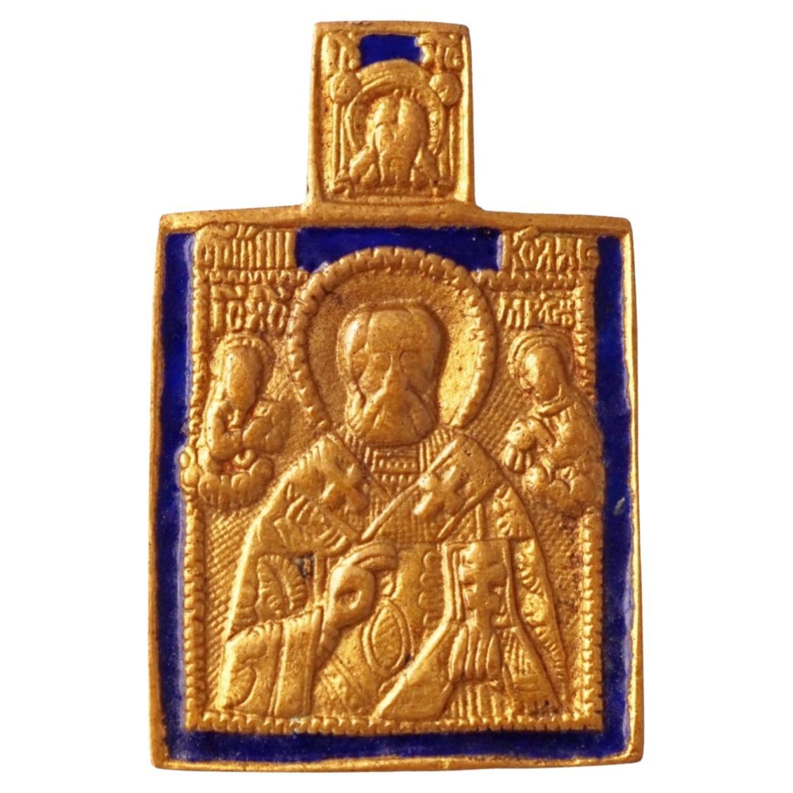Bronze St. Nicholas Pendant With Blue Enamel Detail By Line Vautrin, 1960s For Sale