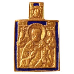 Bronze St. Nicholas Pendant With Blue Enamel Detail By Line Vautrin, 1960s