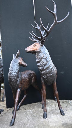 Bronze Stag and Deer Statues Pair Scottish Highland Garden Castings