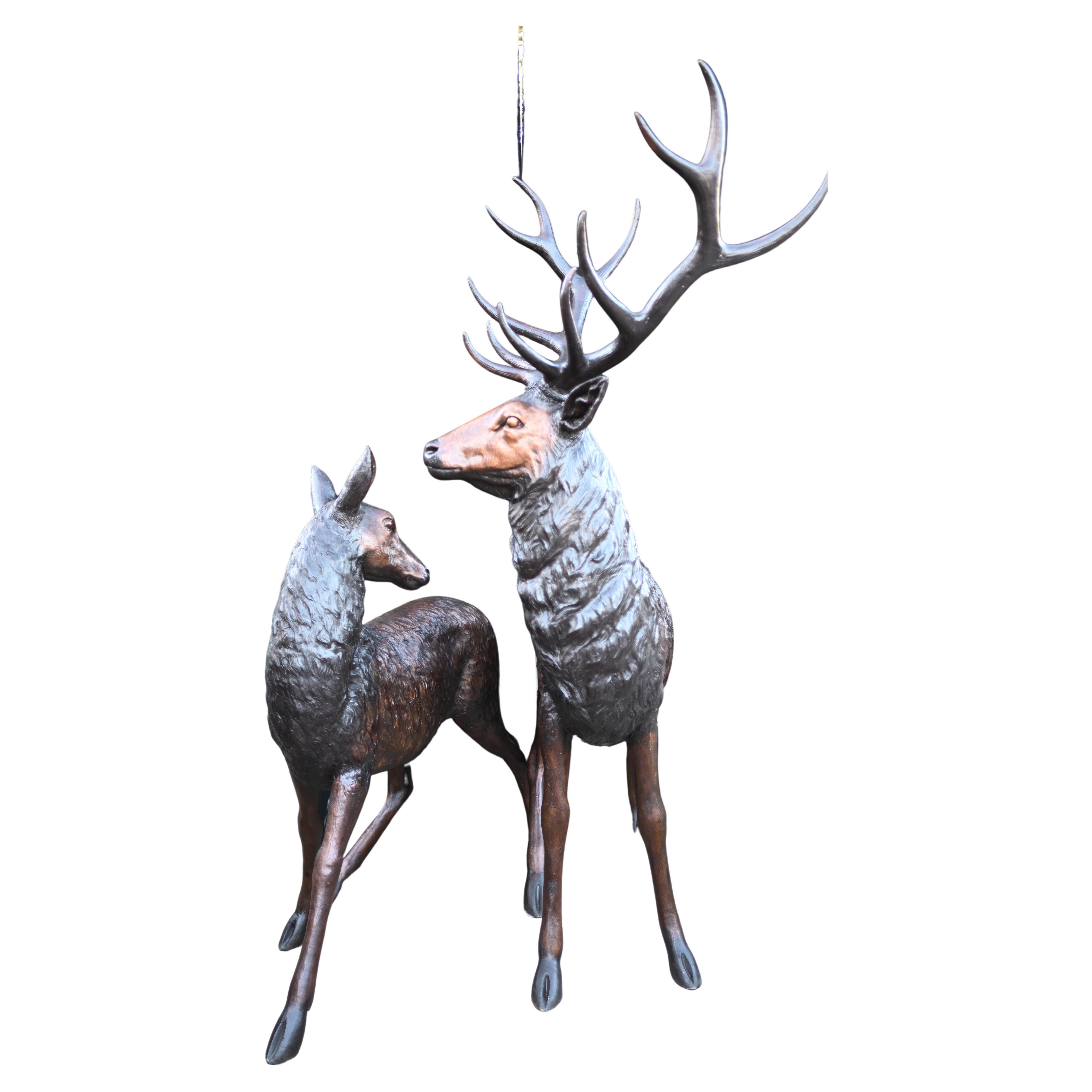 Bronze Stag and Deer Statues Pair Scottish Highland Garden Castings For Sale