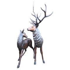 Retro Bronze Stag and Deer Statues Pair Scottish Highland Garden Castings