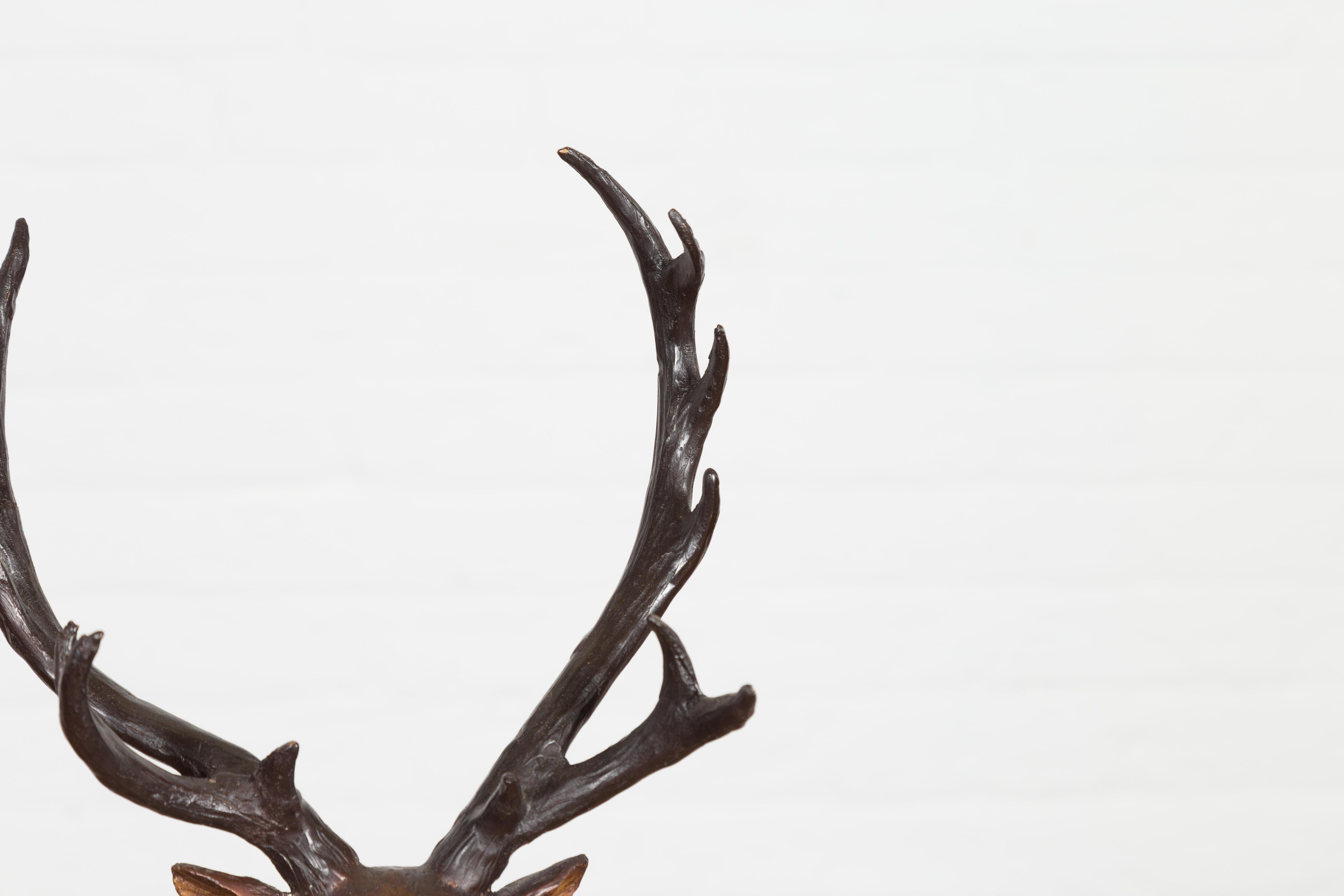 Bronze Stag Head Sculpture on Marble Base Created with Lost Wax Technique For Sale 5