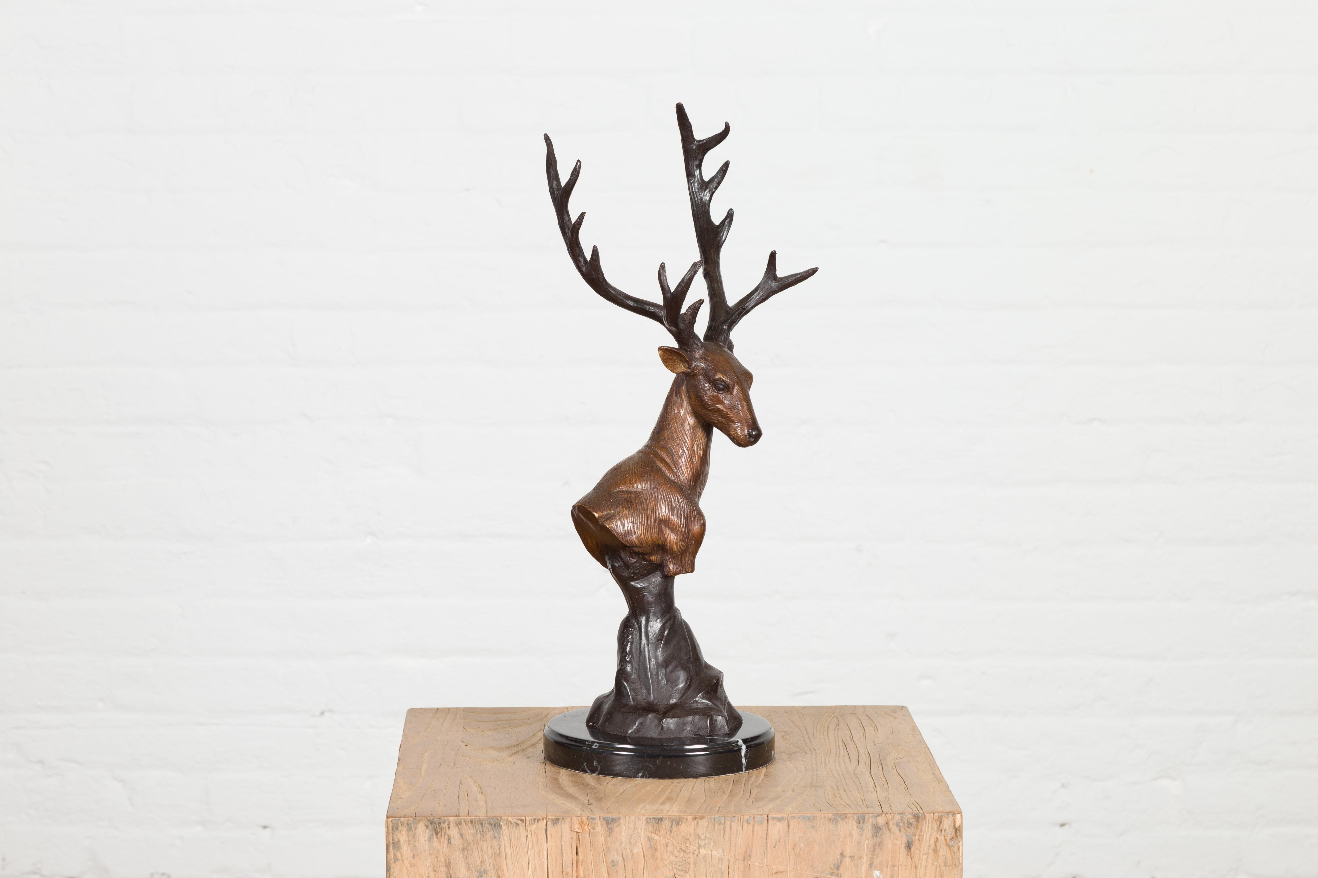 Bronze Stag Head Sculpture on Marble Base Created with Lost Wax Technique For Sale 6