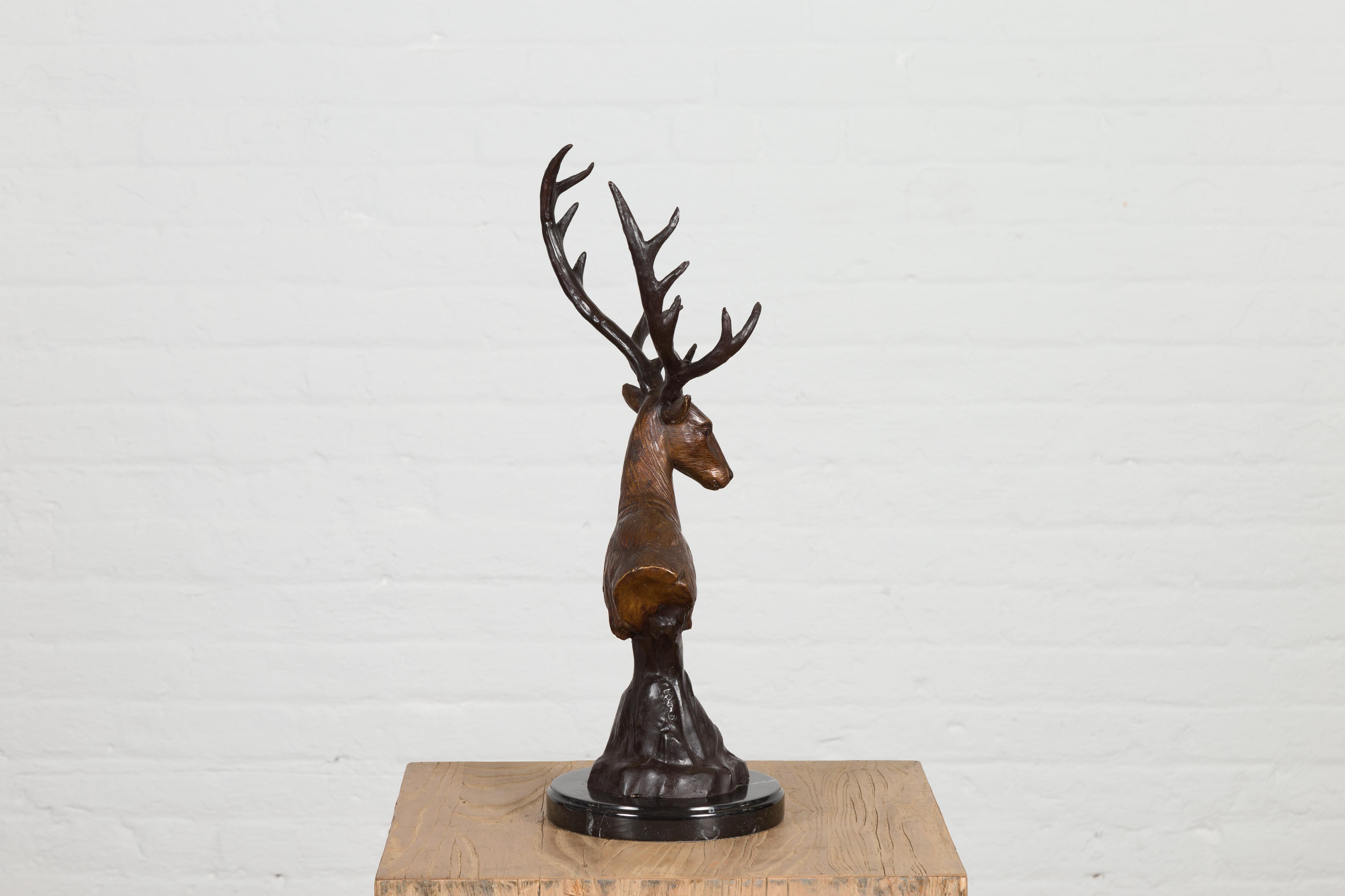 Bronze Stag Head Sculpture on Marble Base Created with Lost Wax Technique For Sale 7