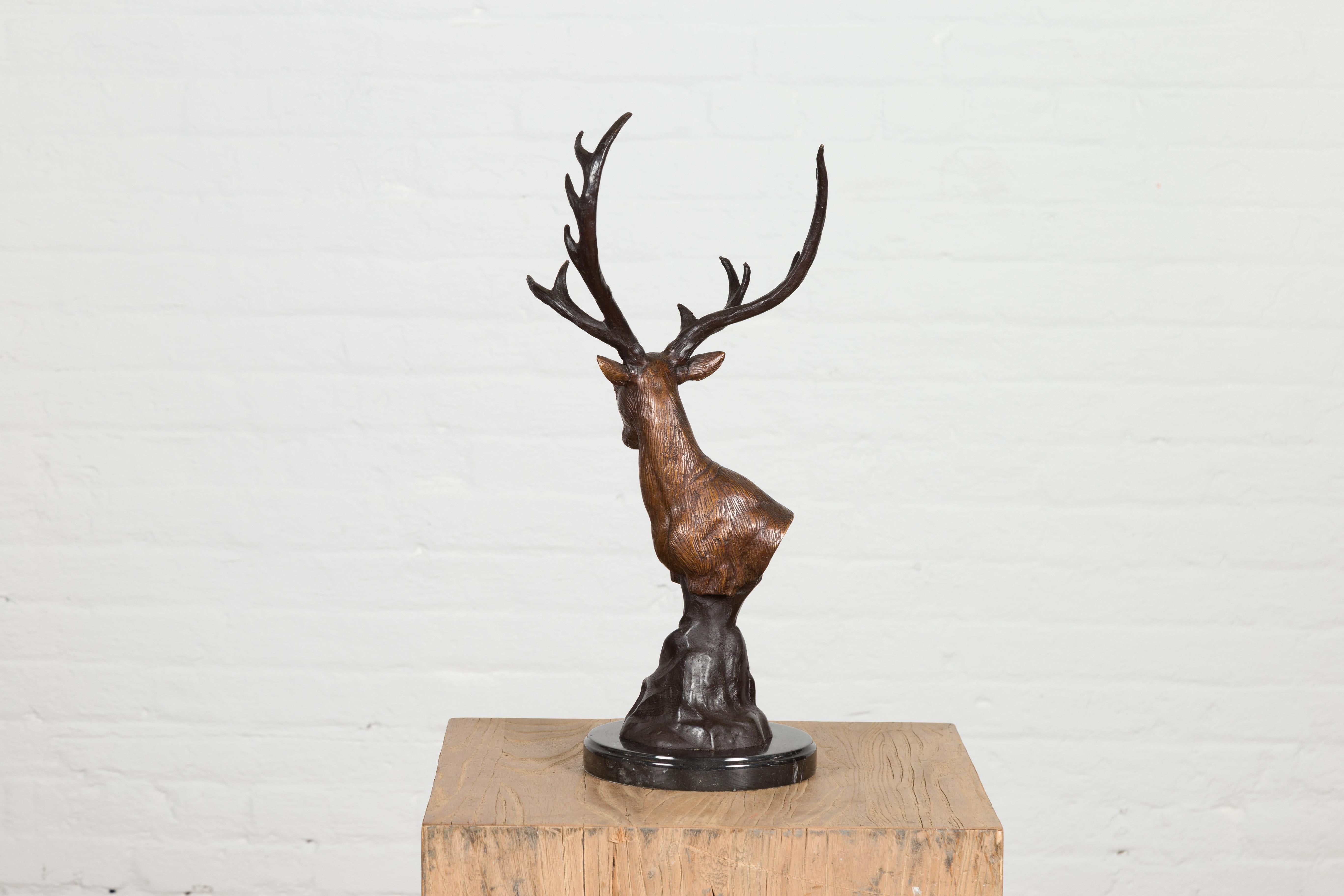 Bronze Stag Head Sculpture on Marble Base Created with Lost Wax Technique For Sale 10