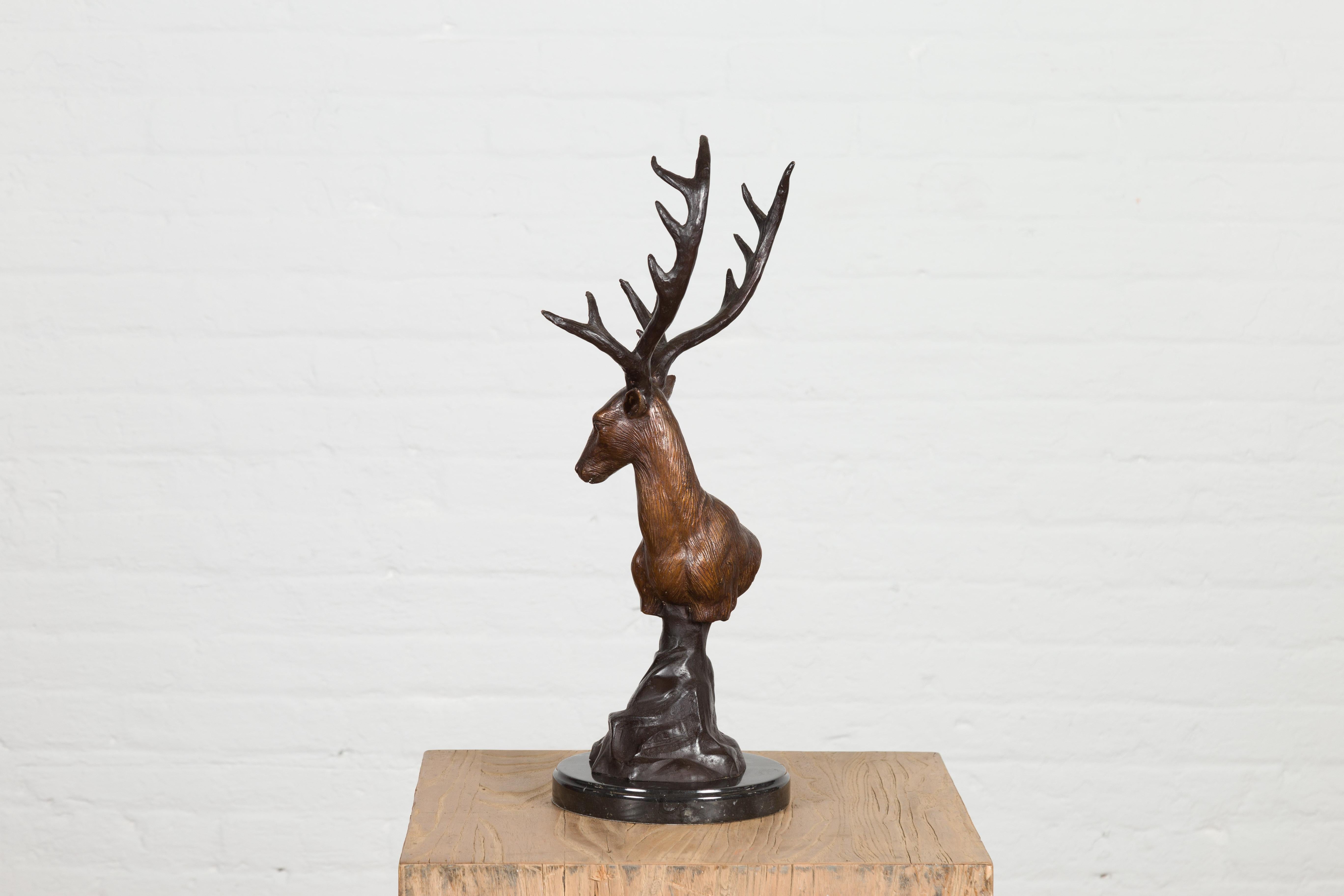 Bronze Stag Head Sculpture on Marble Base Created with Lost Wax Technique For Sale 11