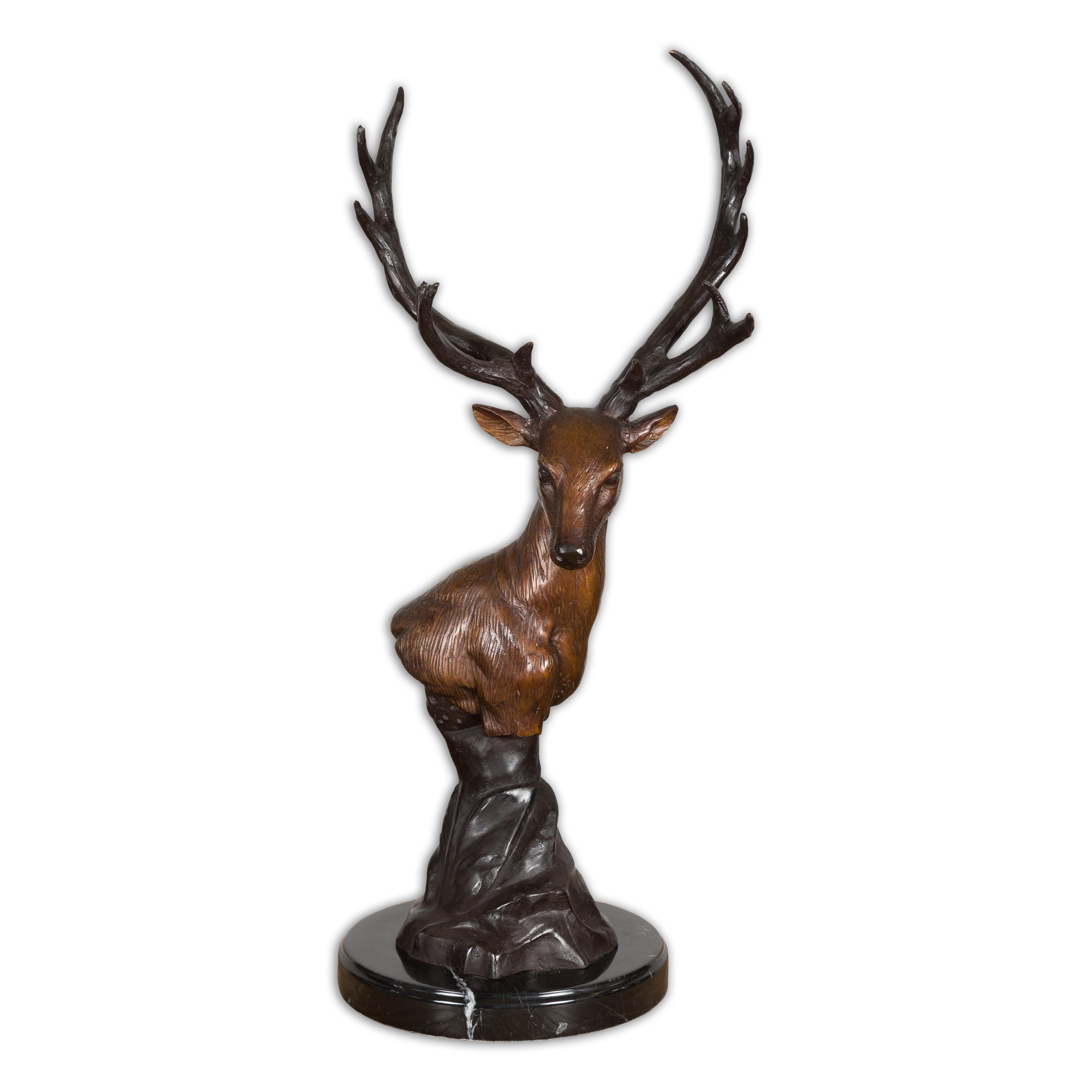 Bronze Stag Head Sculpture on Marble Base Created with Lost Wax Technique For Sale 13