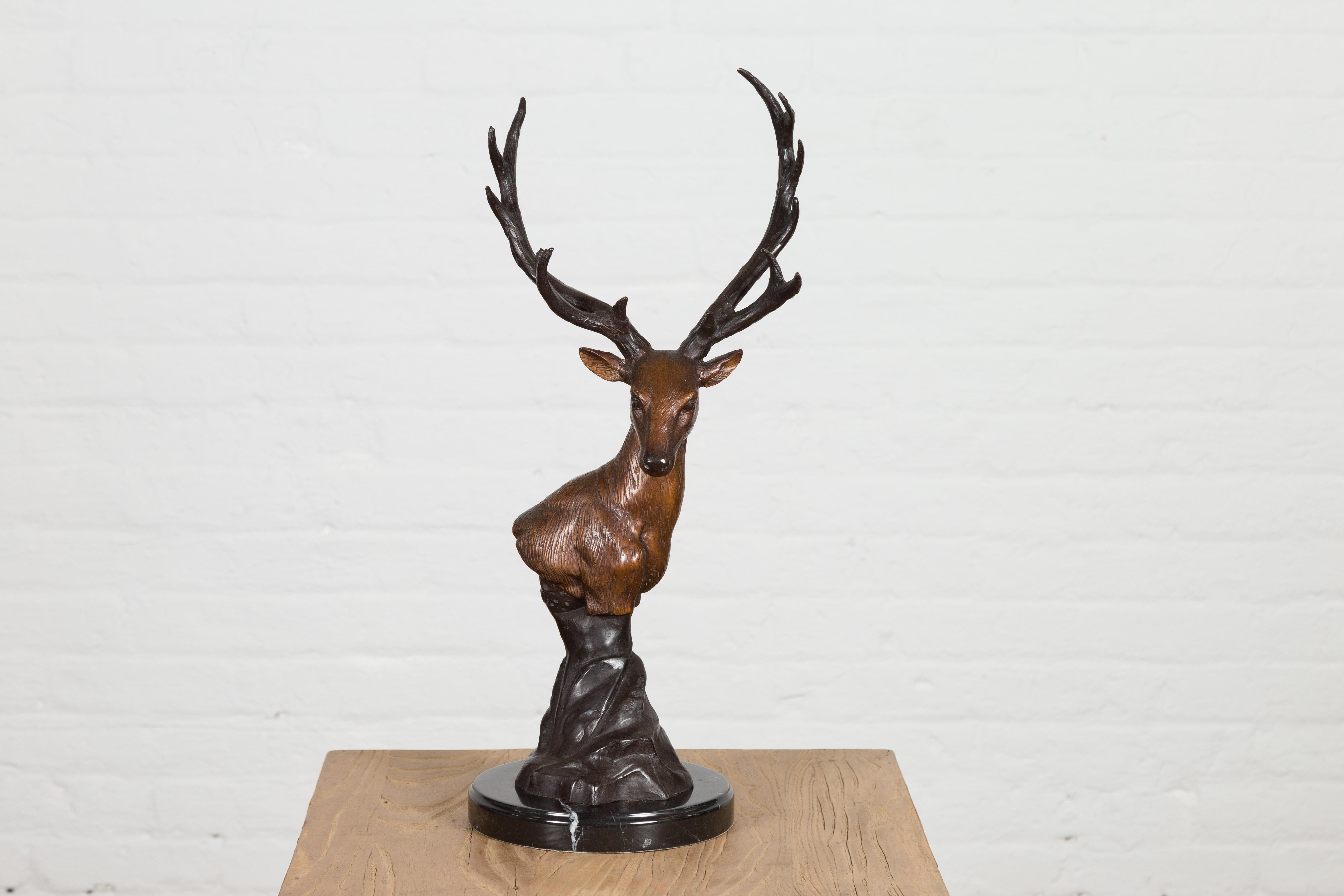 Cast Bronze Stag Head Sculpture on Marble Base Created with Lost Wax Technique For Sale