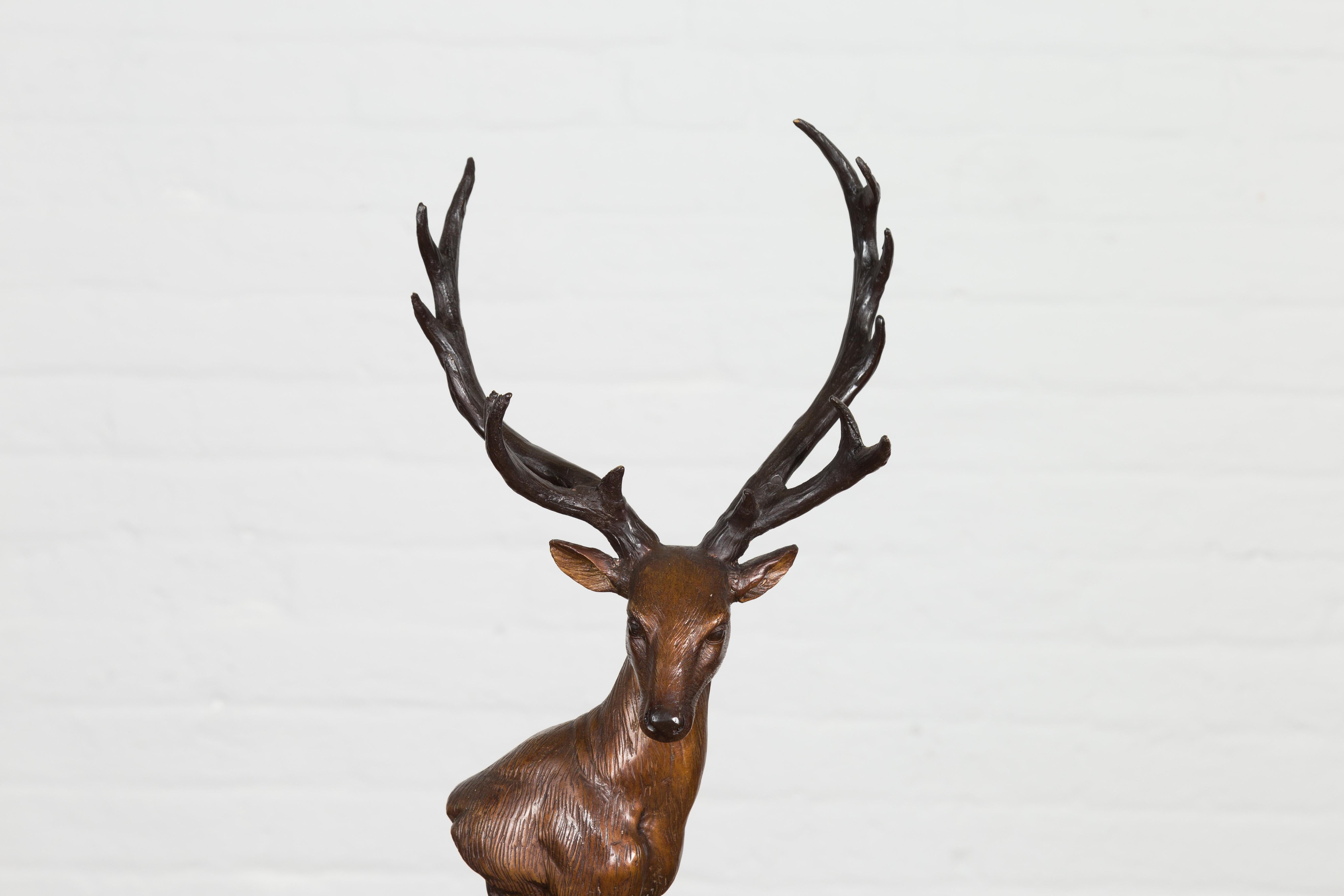Bronze Stag Head Sculpture on Marble Base Created with Lost Wax Technique In Excellent Condition For Sale In Yonkers, NY