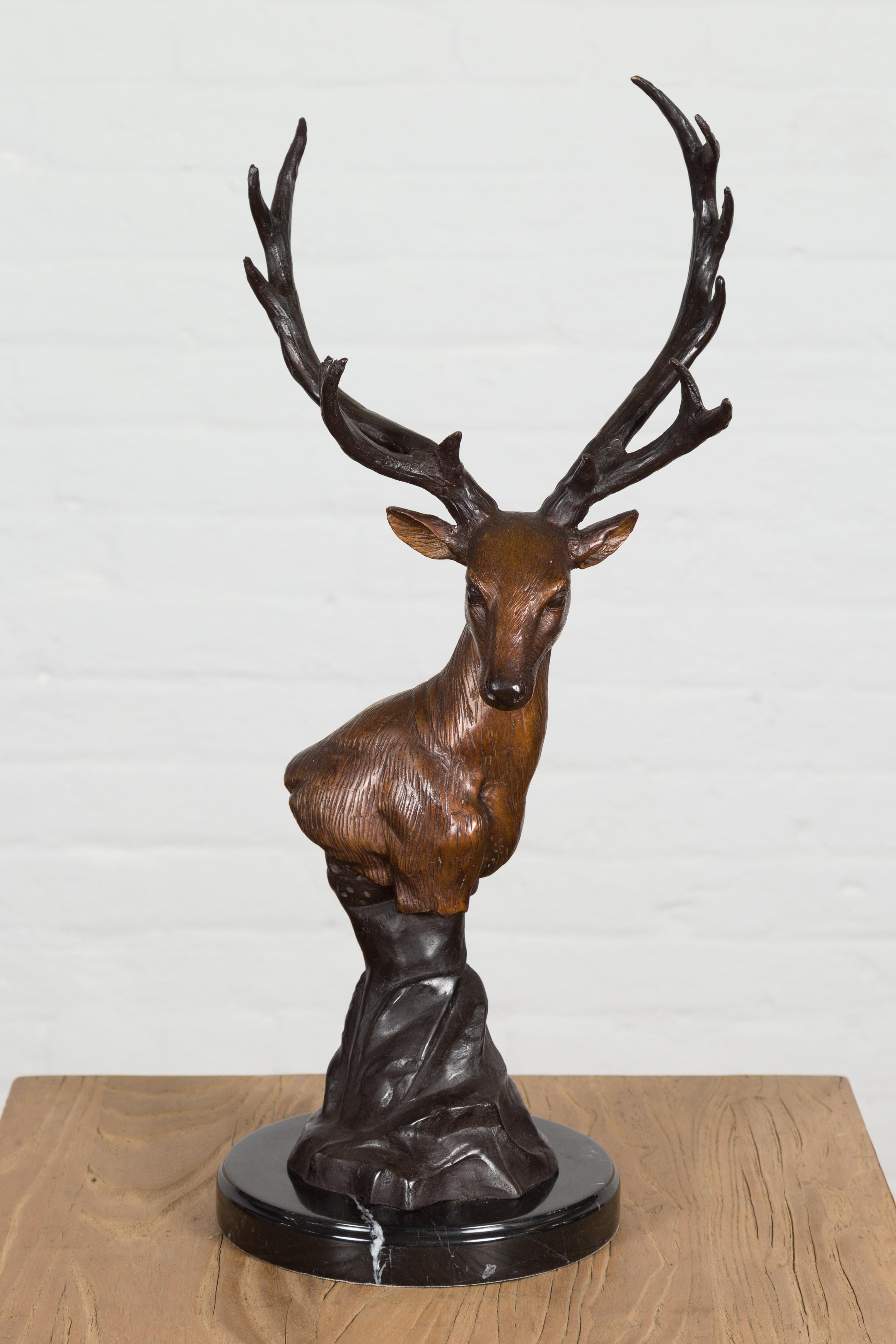 Contemporary Bronze Stag Head Sculpture on Marble Base Created with Lost Wax Technique For Sale