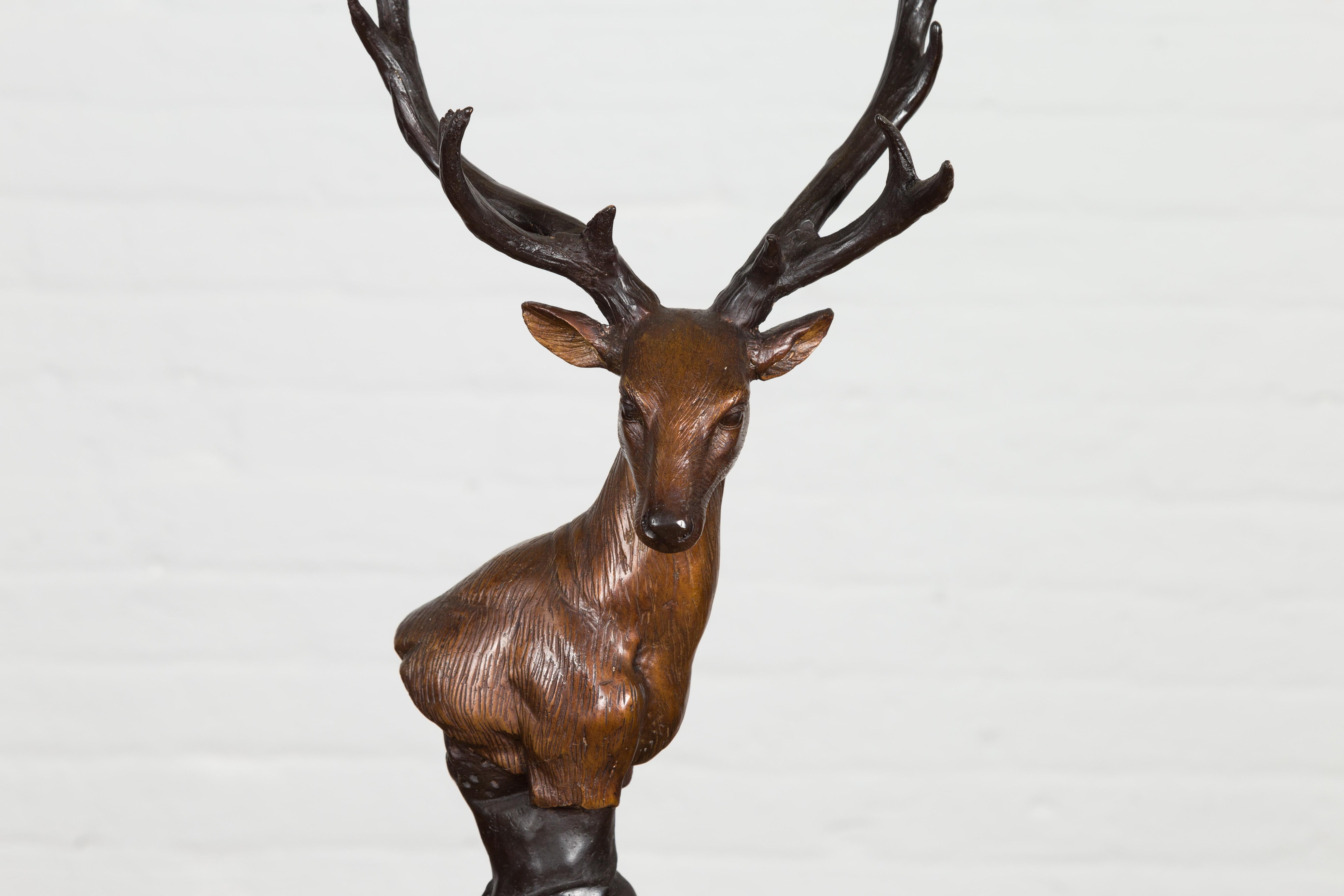 Bronze Stag Head Sculpture on Marble Base Created with Lost Wax Technique For Sale 1