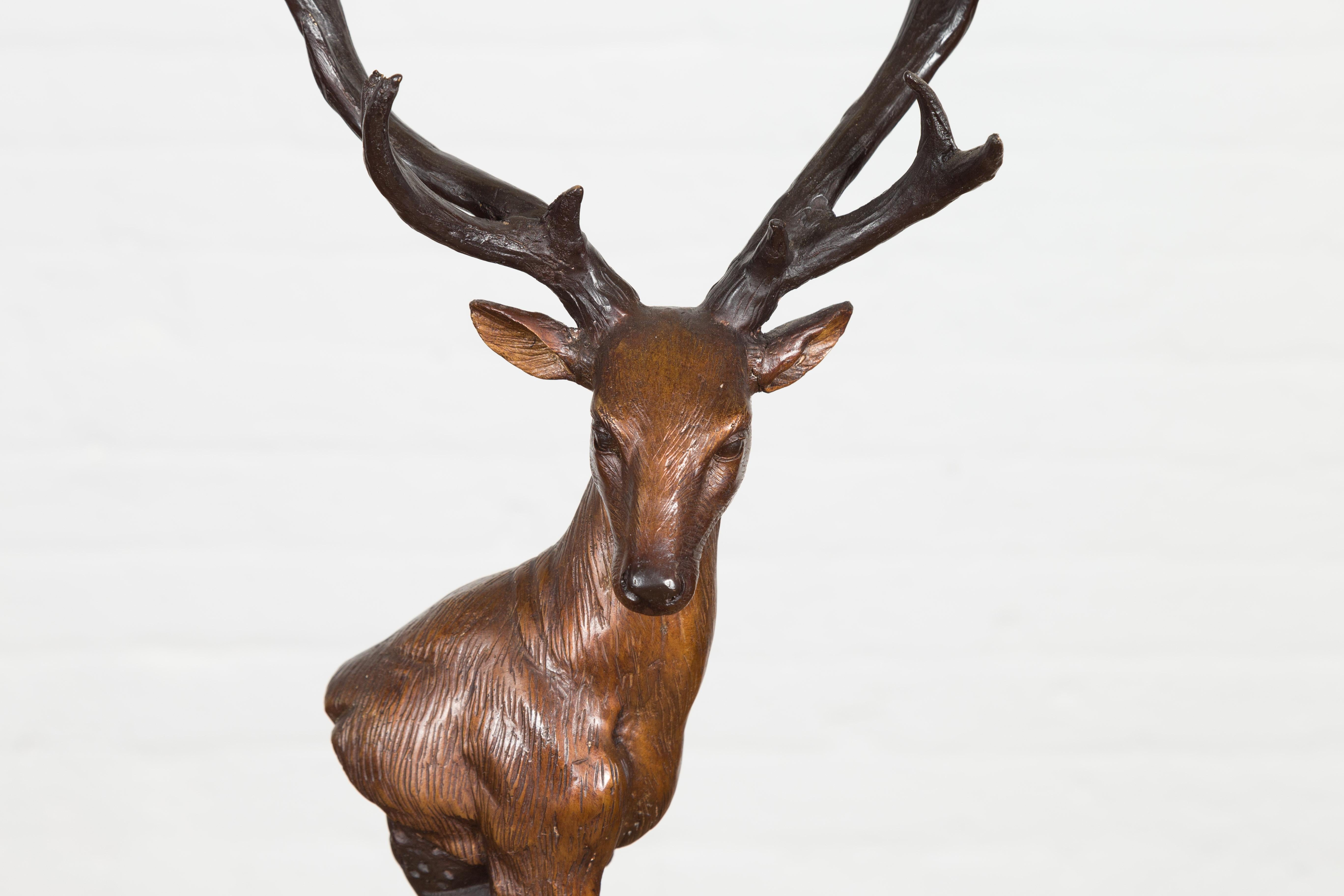 Bronze Stag Head Sculpture on Marble Base Created with Lost Wax Technique For Sale 3