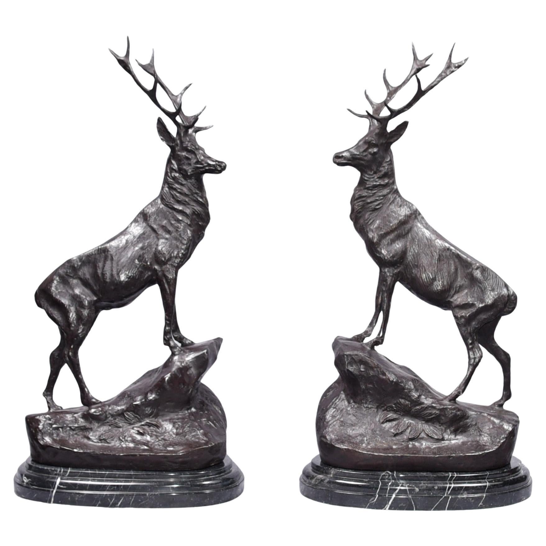 Bronze Stags Signed Moigniez Pair Stag Moose Elk Statues
