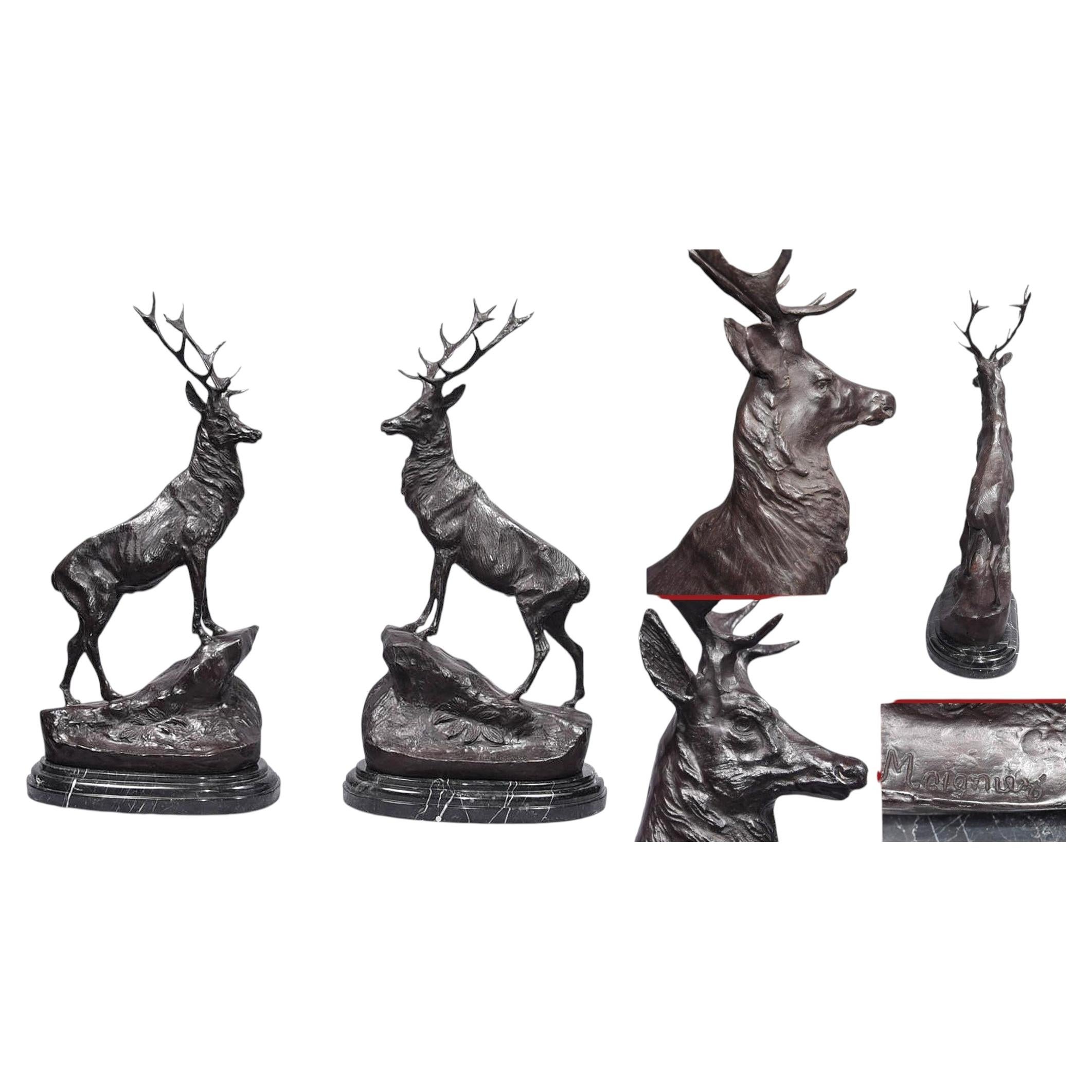 Bronze Stags Signed Moigniez Pair Stag Moose Elk Statues