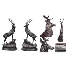 Bronze Stags Signed Moigniez Pair Stag Moose Elk Statues