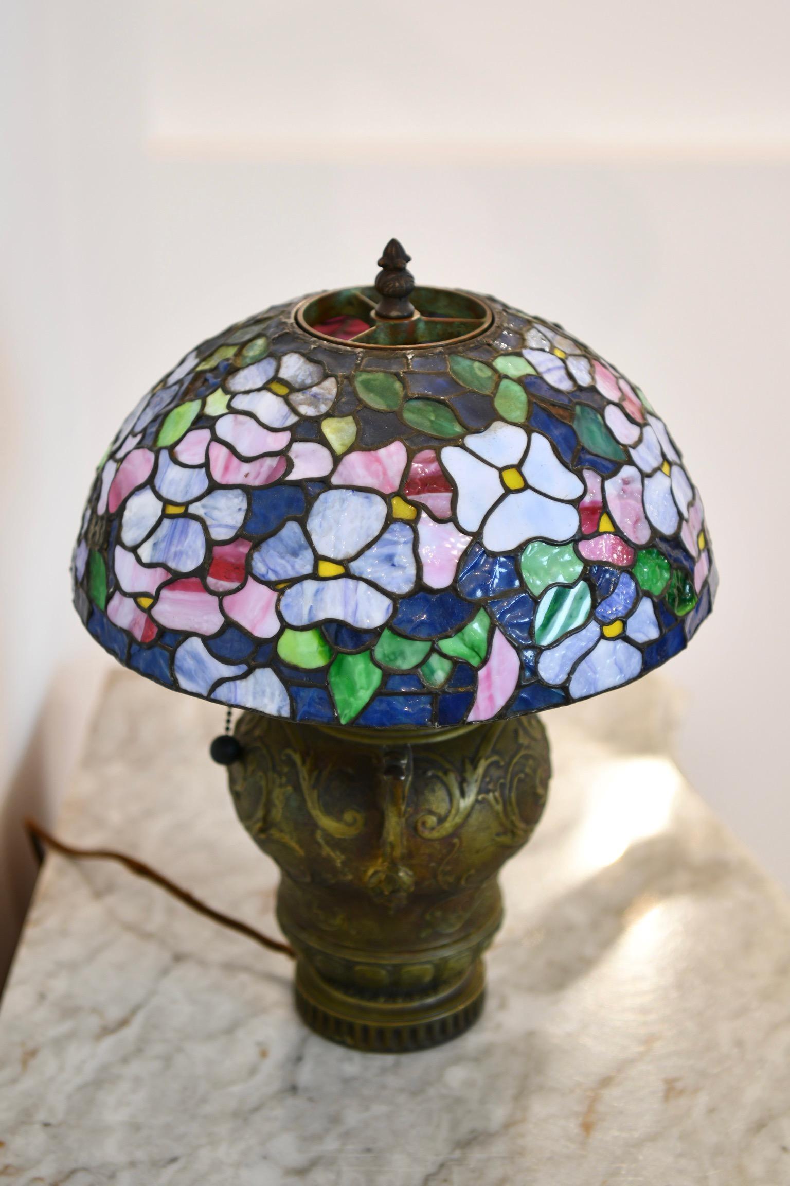 Bronze & Stained Glass Lamp In Good Condition For Sale In Brooklyn, NY