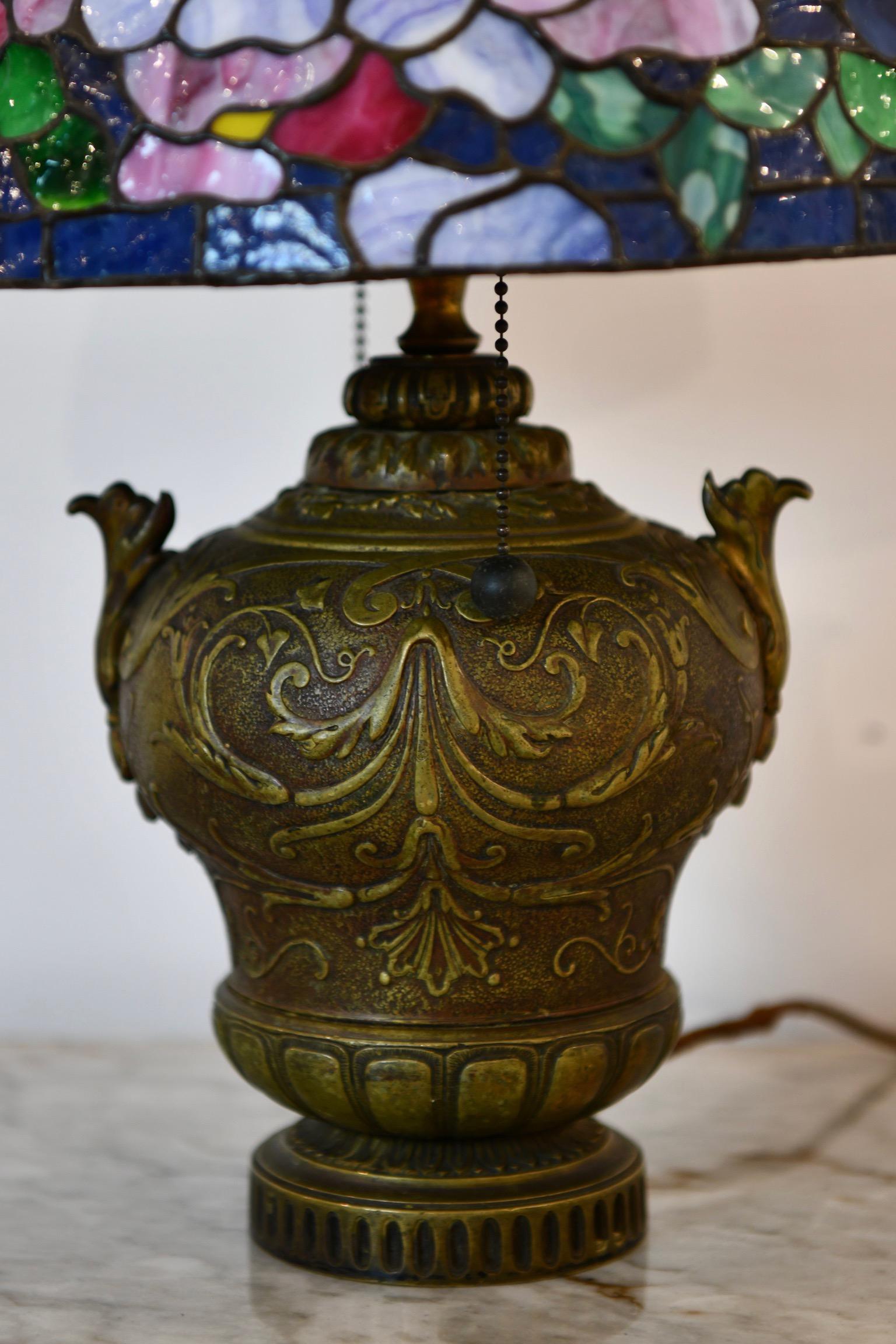 20th Century Bronze & Stained Glass Lamp For Sale