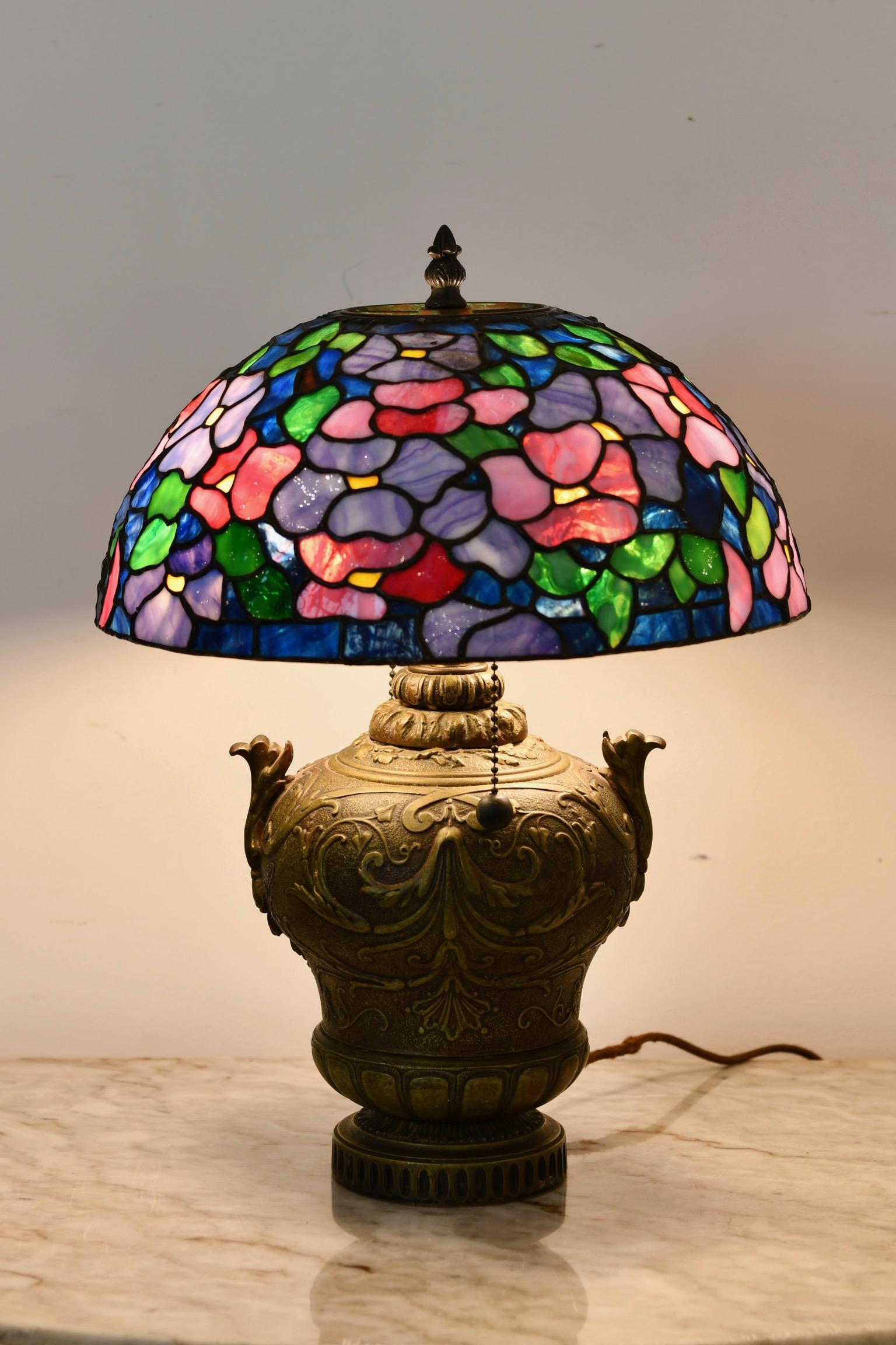 Bronze & Stained Glass Lamp For Sale 1