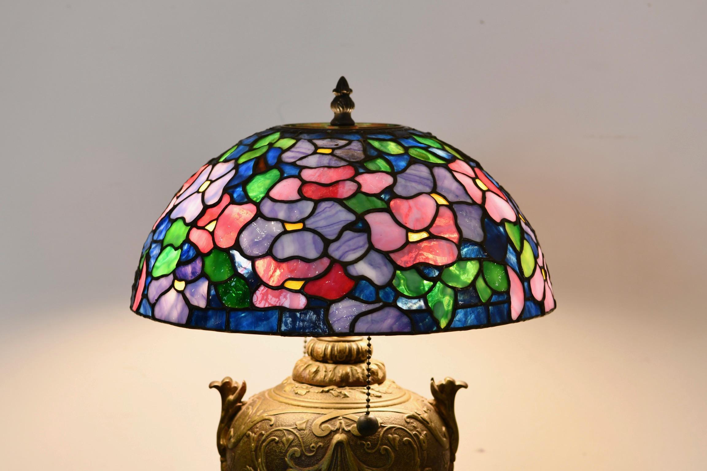 Bronze & Stained Glass Lamp For Sale 2