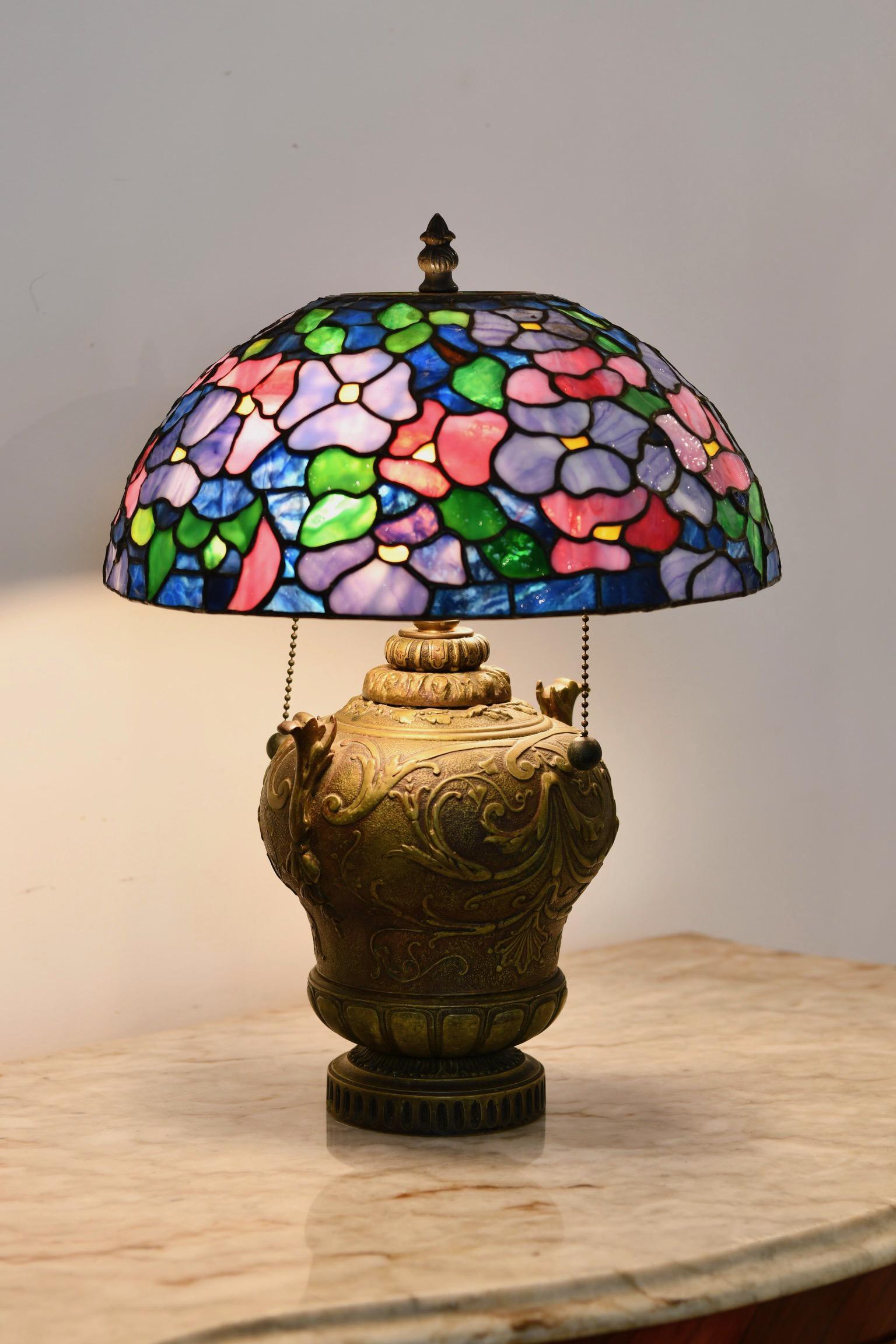 Bronze & Stained Glass Lamp For Sale 4