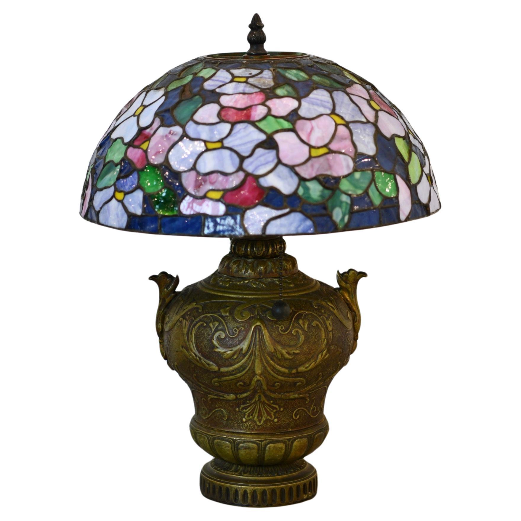 Bronze & Stained Glass Lamp For Sale