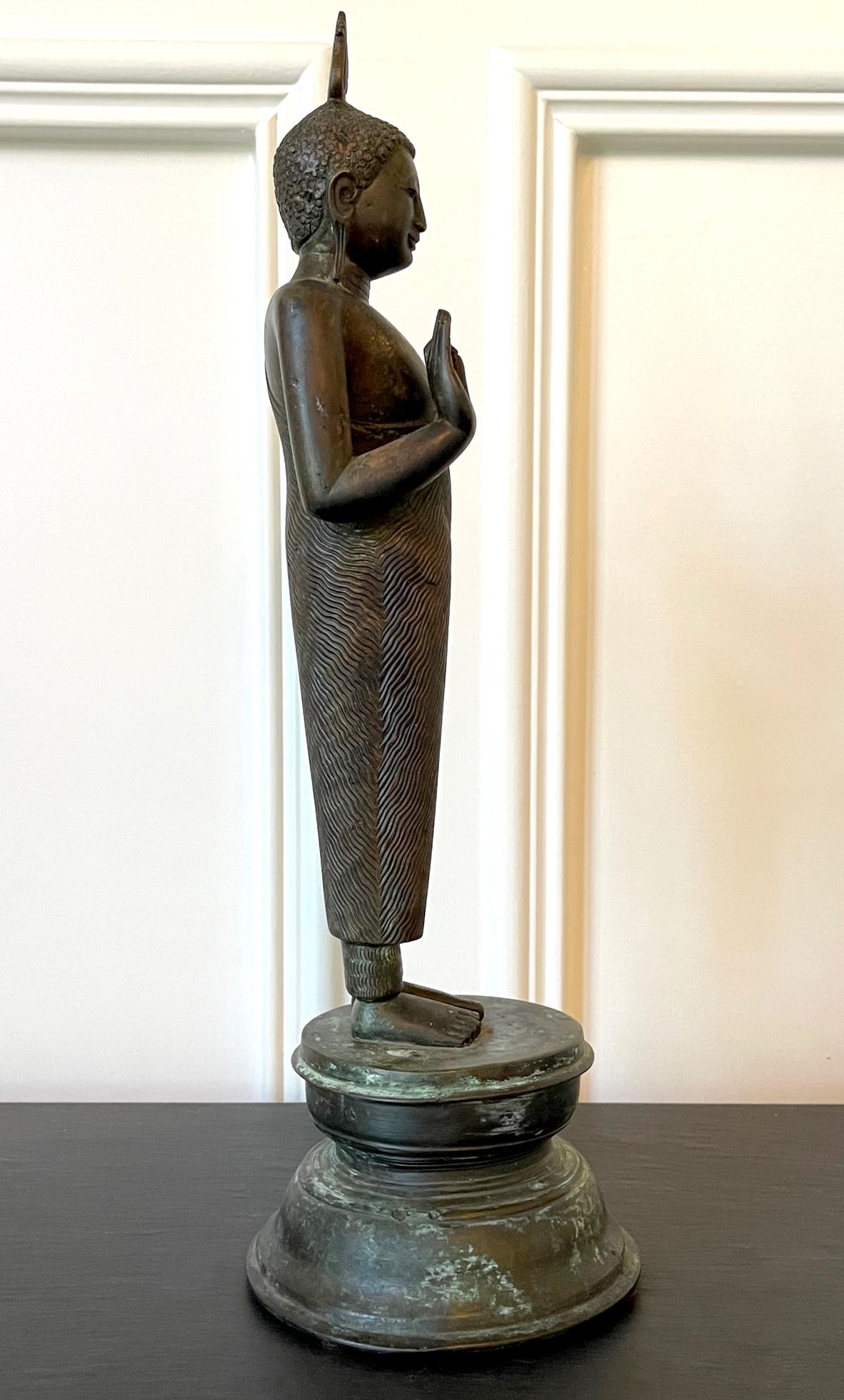 Archaistic Bronze Standing Buddha Statue on Pedestal Sri Lanka
