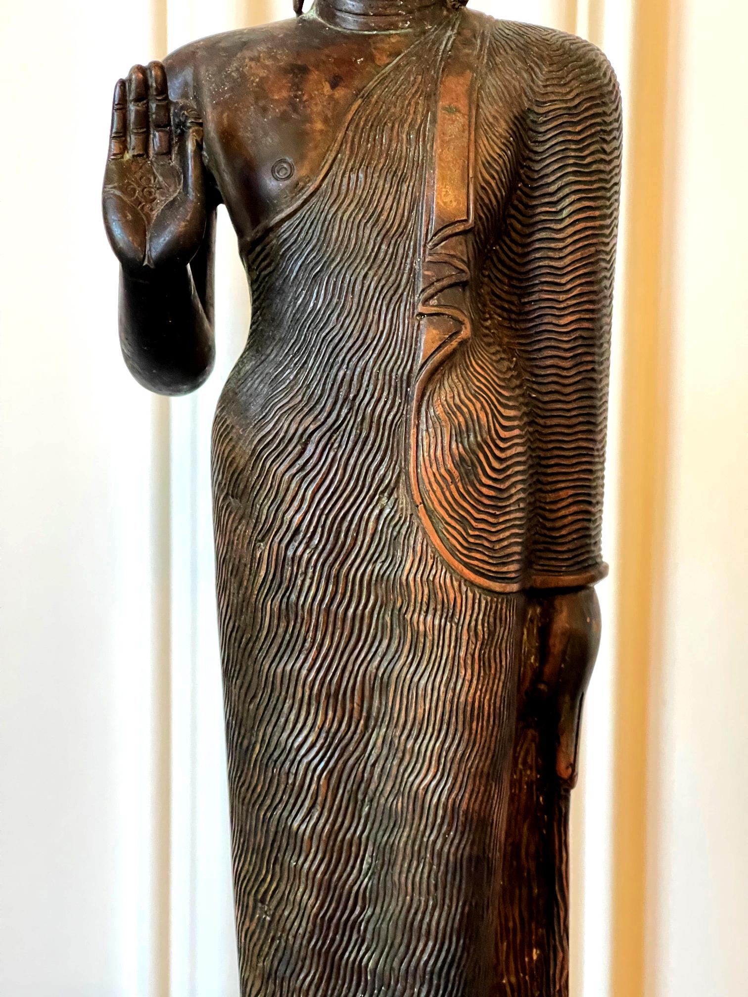 Bronze Standing Buddha Statue on Pedestal Sri Lanka In Good Condition In Atlanta, GA
