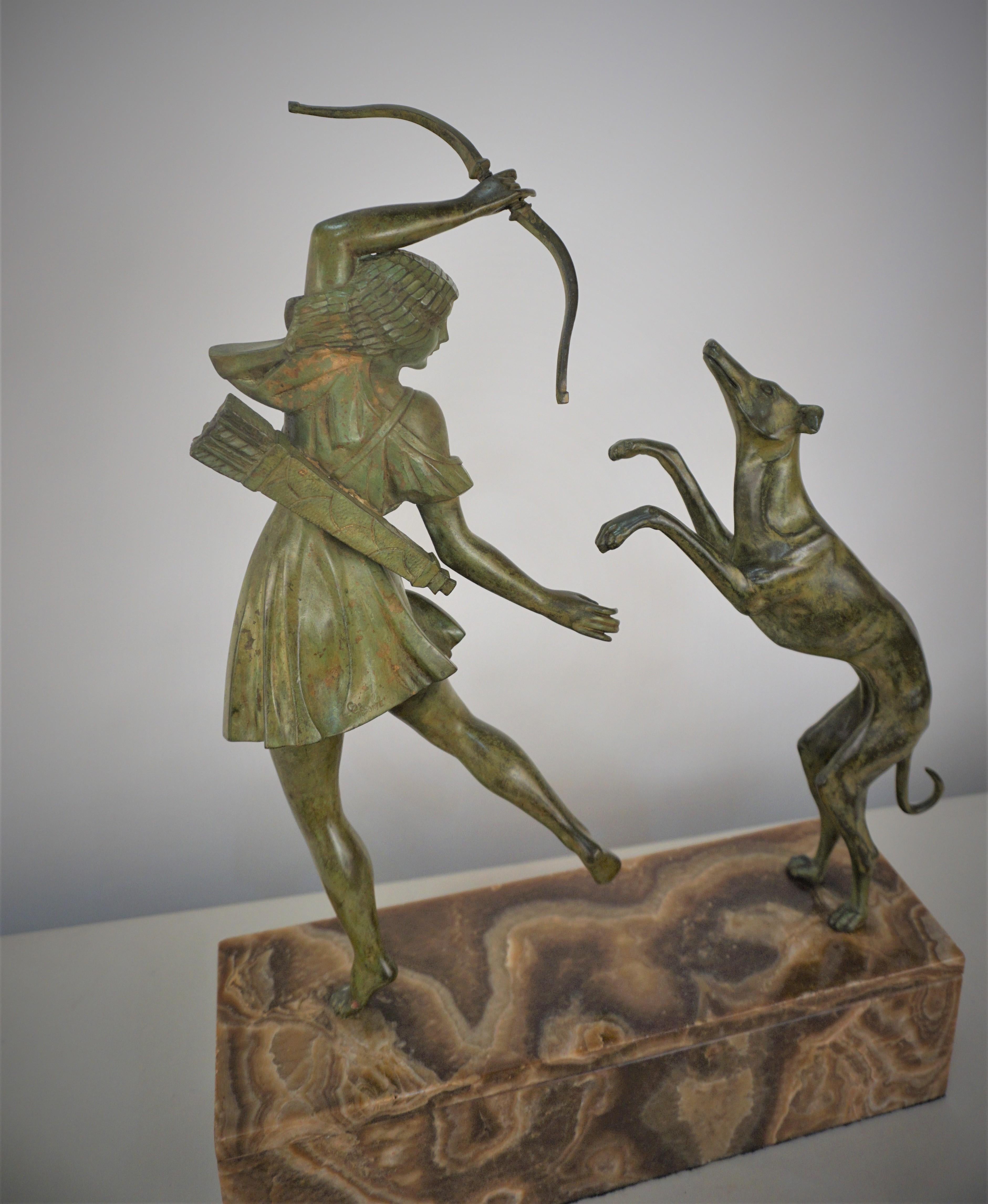 Early 20th Century Bronze Statue Diana the Huntress with the Dog